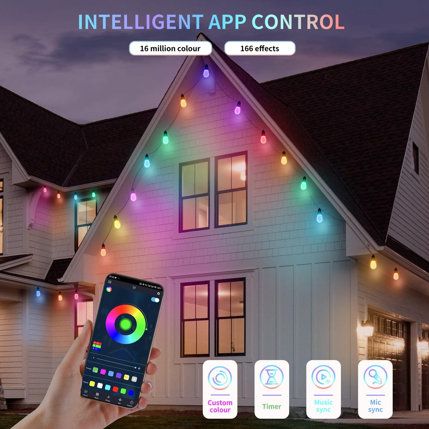 Outdoor String Lights 50FT, Outdoor Lights for Patio with 20 Dimmable RGBW LED Bulbs, IP66 Waterproof Shatterproof, with APP Control & Remote, 24V Adapter Color Change,for Backyard Decor
