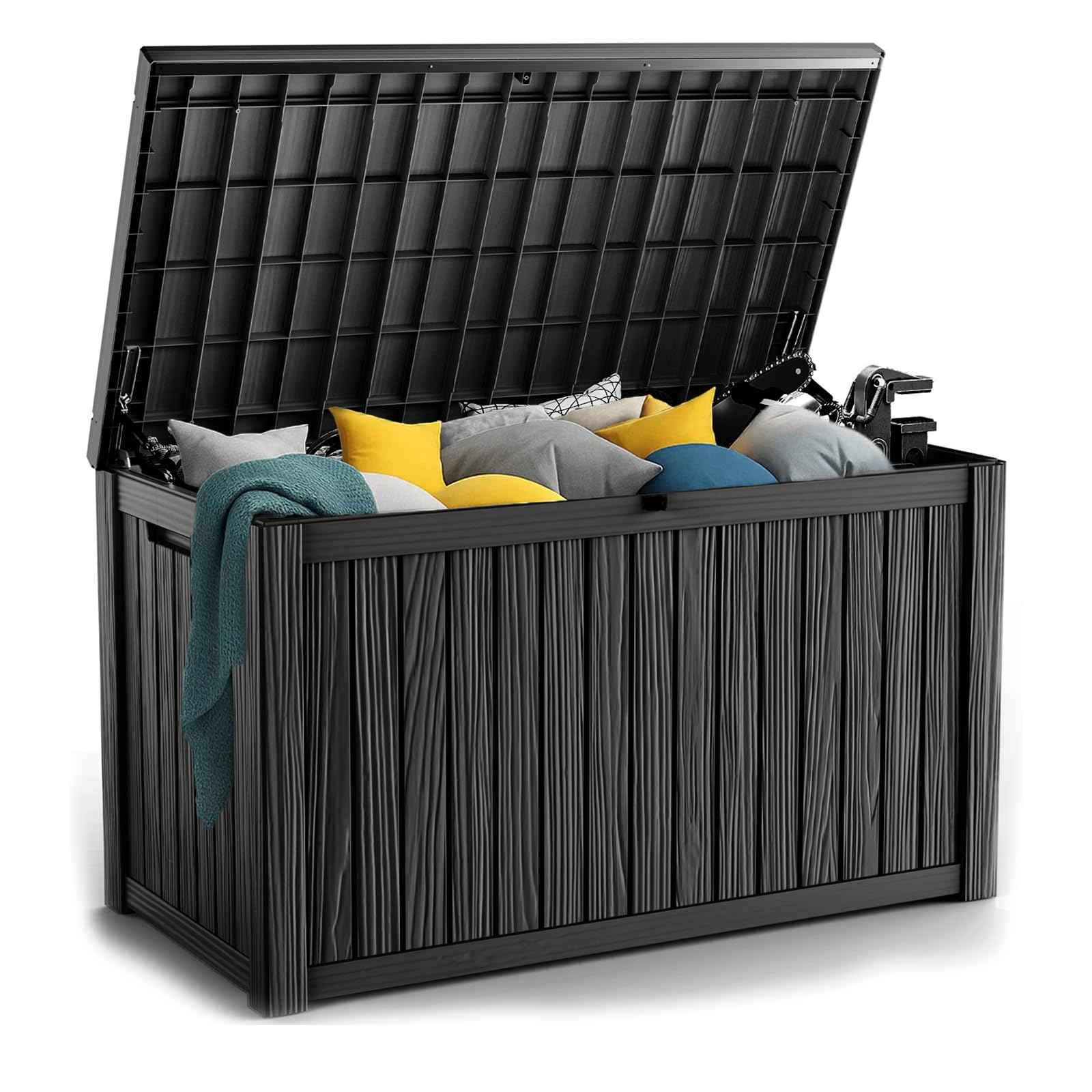 PatioZen 90 Gallon Resin Deck Box, Lockable Patio Outdoor Storage Box for Furniture, Garden Tools and Tools Storage, Waterproof Outside Storage Box - Black
