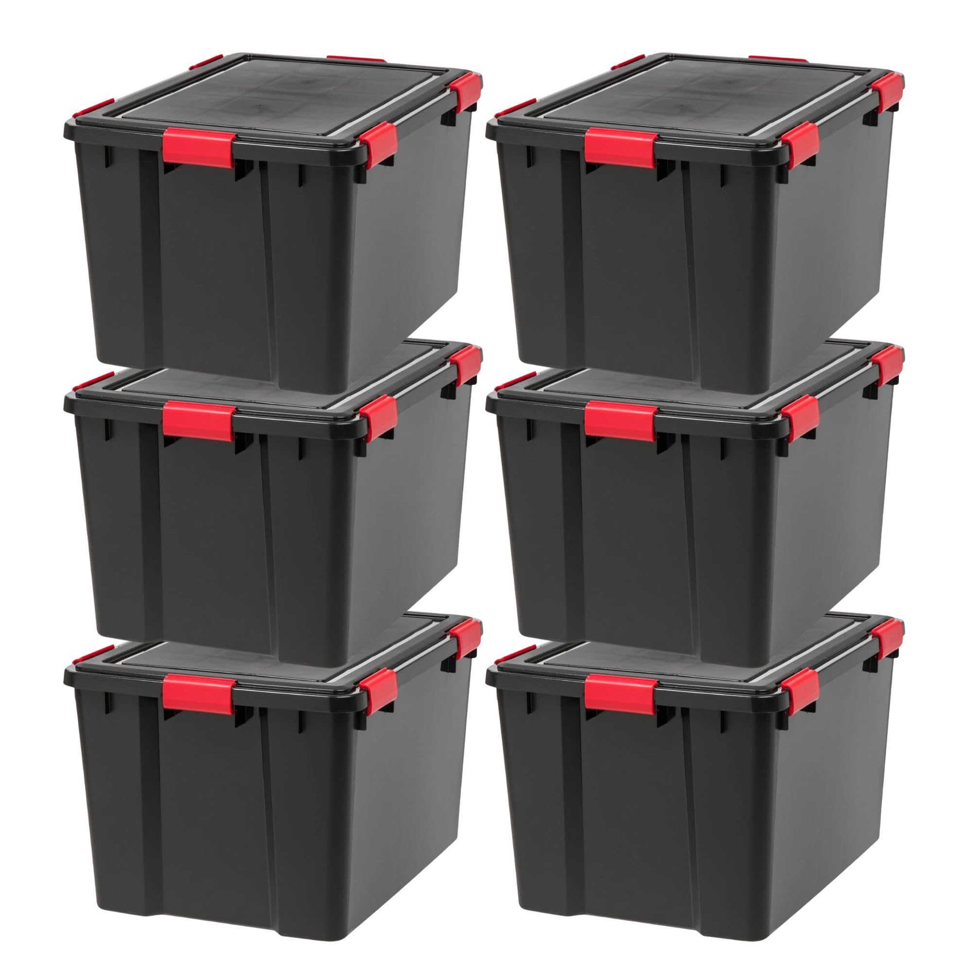 IRIS USA WeatherPro 74 Qt Storage Bins with Lids, 4 Pack, BPA-Free Plastic Gasket Box with Tight Latch and Seal, Stackable Nestable Tote Tub - Black/Red