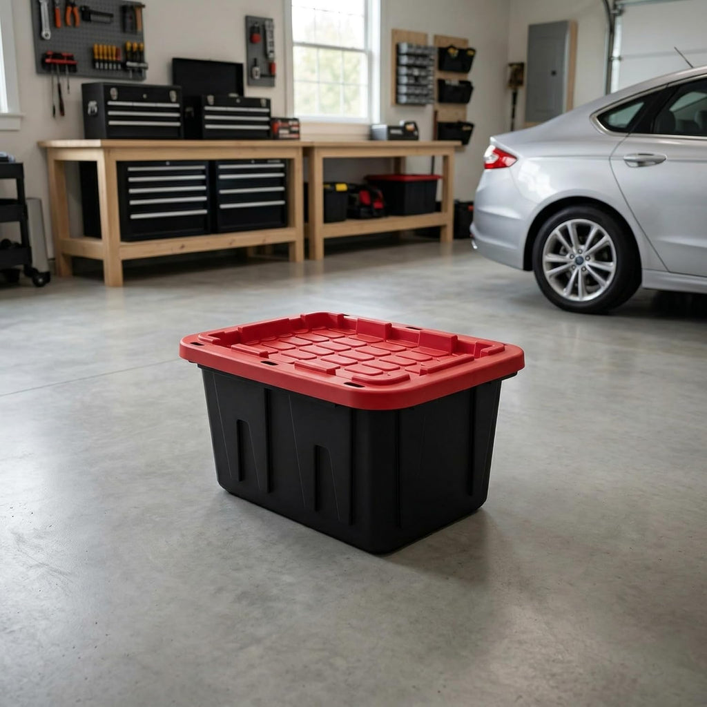 12-gallon Plastic Storage Box, Sturdy and Durable with A Lockable Lid, Suitable for Outdoor, Garage, Basement and Indoor Item Organization, Stackable Storage Box, Black Base and Red Lid