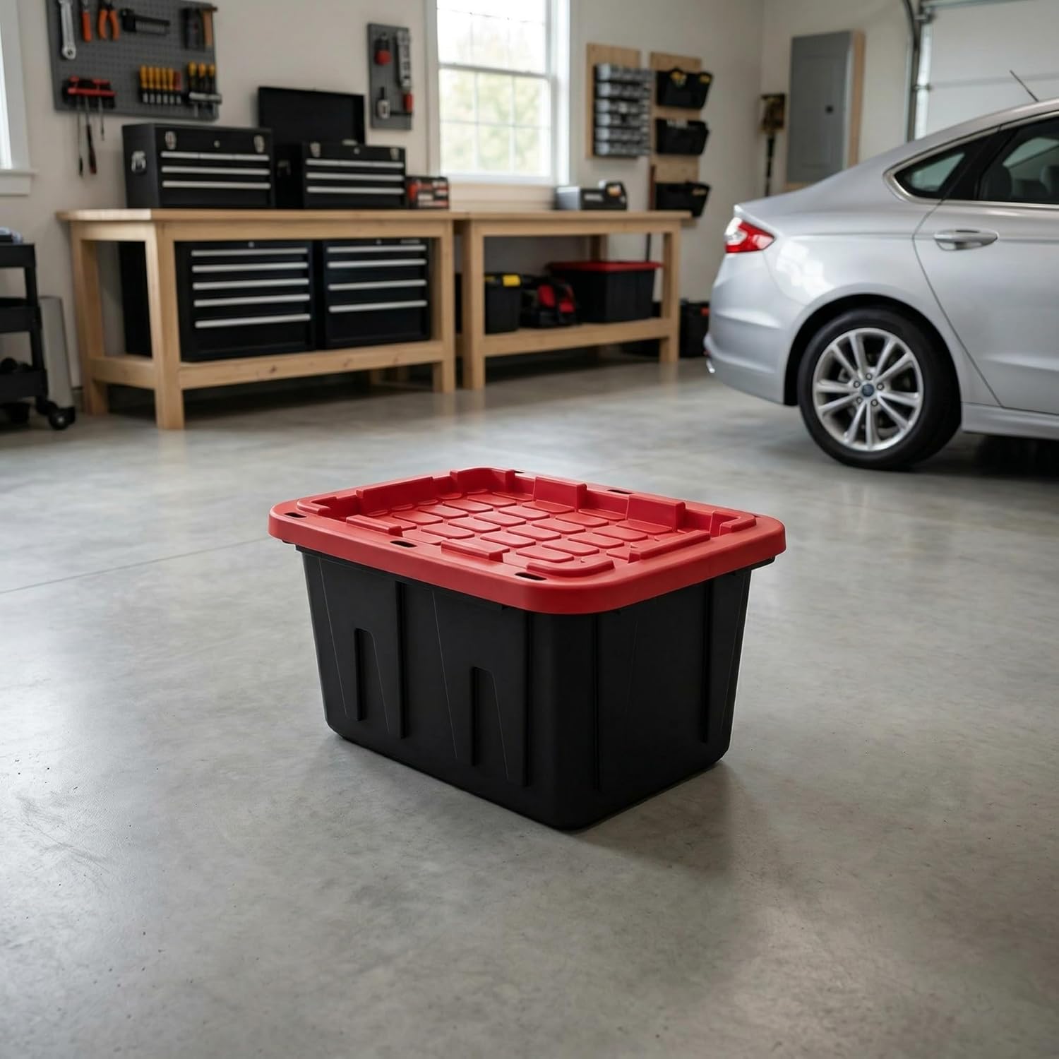 12-gallon Plastic Storage Box, Sturdy and Durable with A Lockable Lid, Suitable for Outdoor, Garage, Basement and Indoor Item Organization, Stackable Storage Box, Black Base and Red Lid