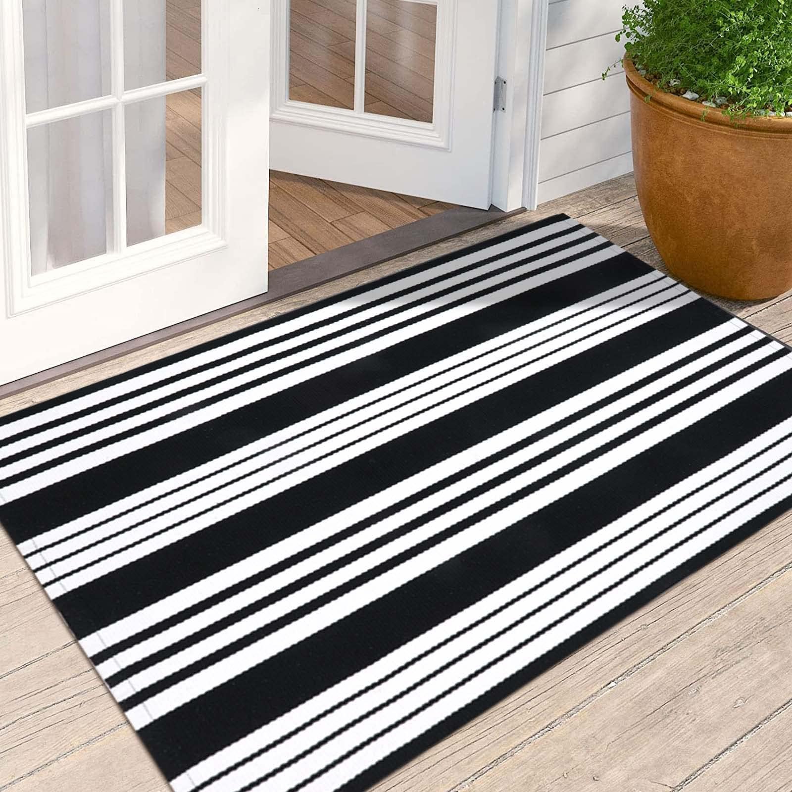 OJIA Outdoor Rug 3'x5', Black and Tan Area Rug Machine Washable Rugs Cotton Hand Woven Entry Rug Indoor Outdoor Striped Carpet for Front Porch/Deck/Backyard/Camping/Outdoor Decor