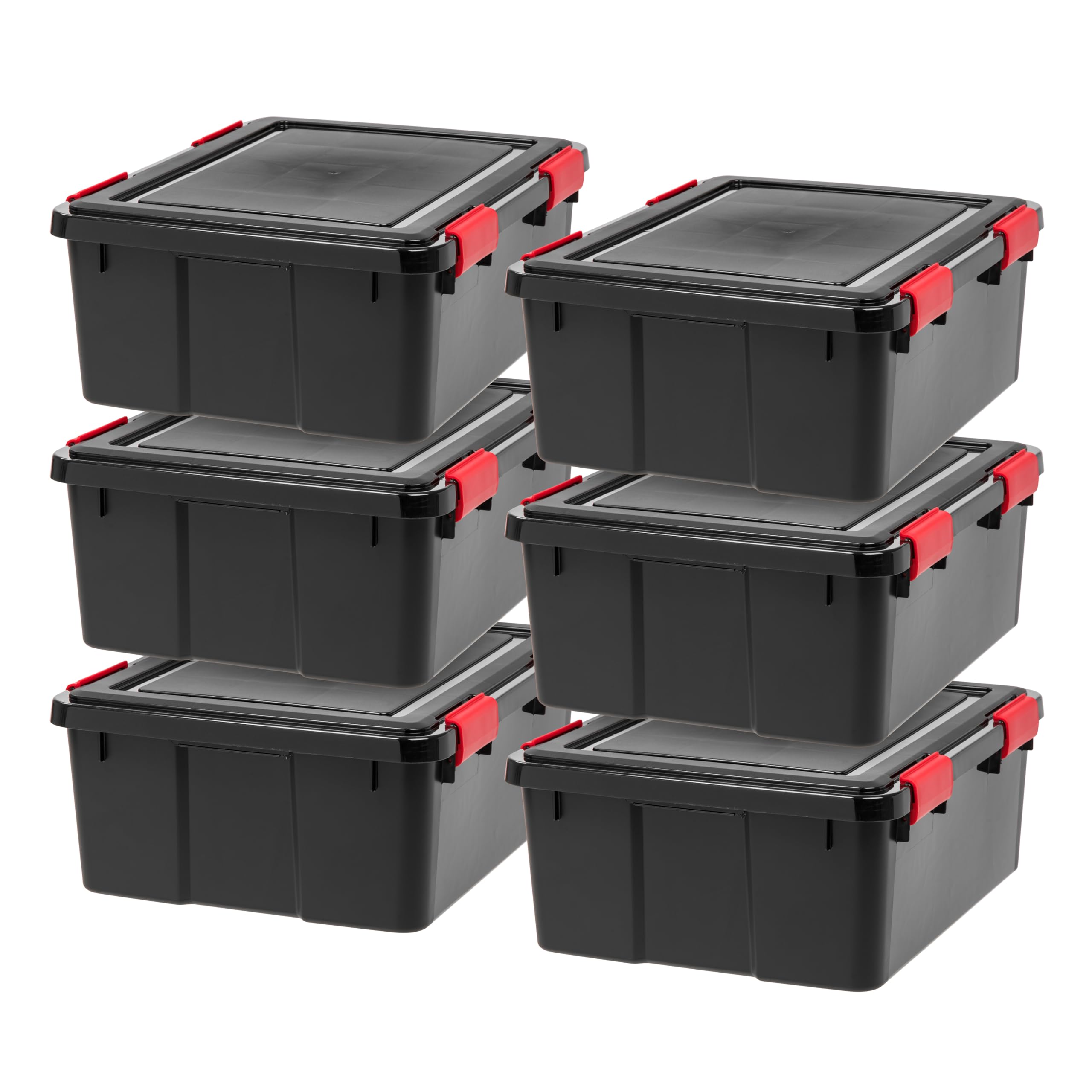IRIS USA WeatherPro 74 Qt Storage Bins with Lids, 4 Pack, BPA-Free Plastic Gasket Box with Tight Latch and Seal, Stackable Nestable Tote Tub - Black/Red
