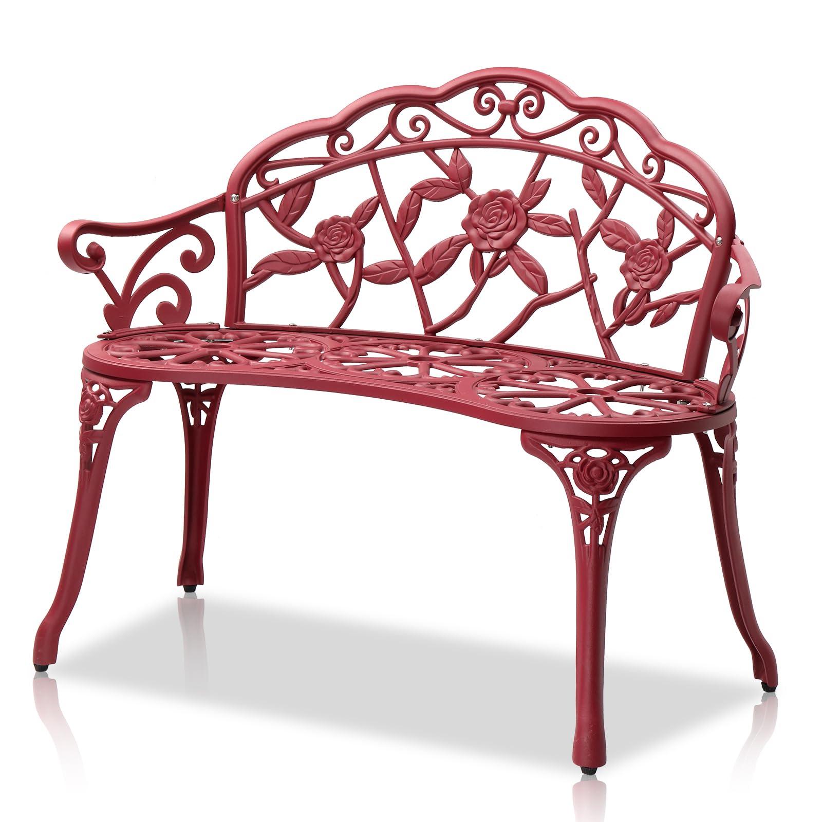 VINGLI 38.5" Patio Park Garden Outdoor Metal Rose Bench, 2-Person Cast Iron Cast Aluminium Frame Antique Finish Chair,Accented Lawn Front Porch Path Yard Decor Deck Furniture (Bronze, Rose)