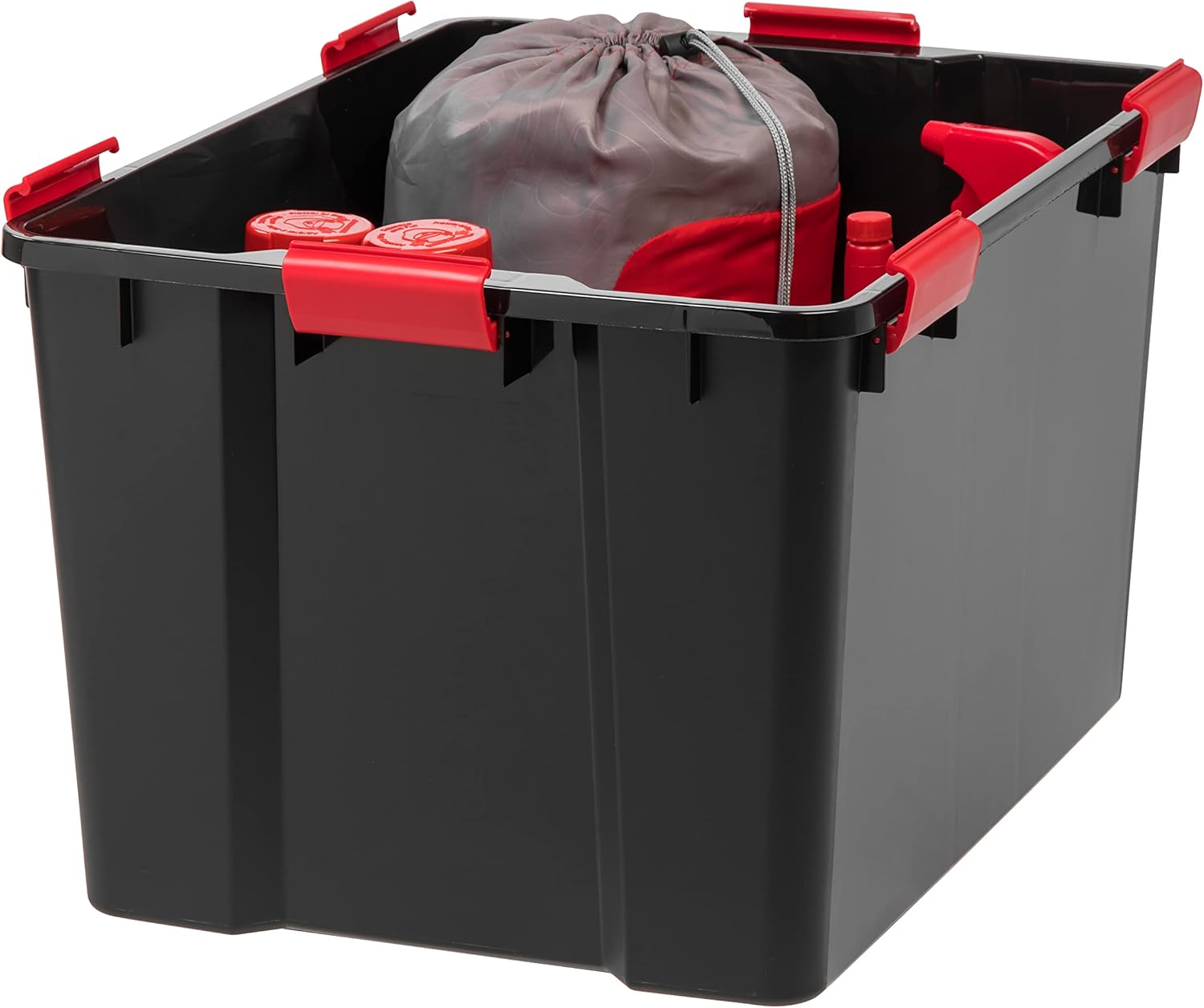 IRIS USA WeatherPro 74 Qt Storage Bins with Lids, 4 Pack, BPA-Free Plastic Gasket Box with Tight Latch and Seal, Stackable Nestable Tote Tub - Black/Red