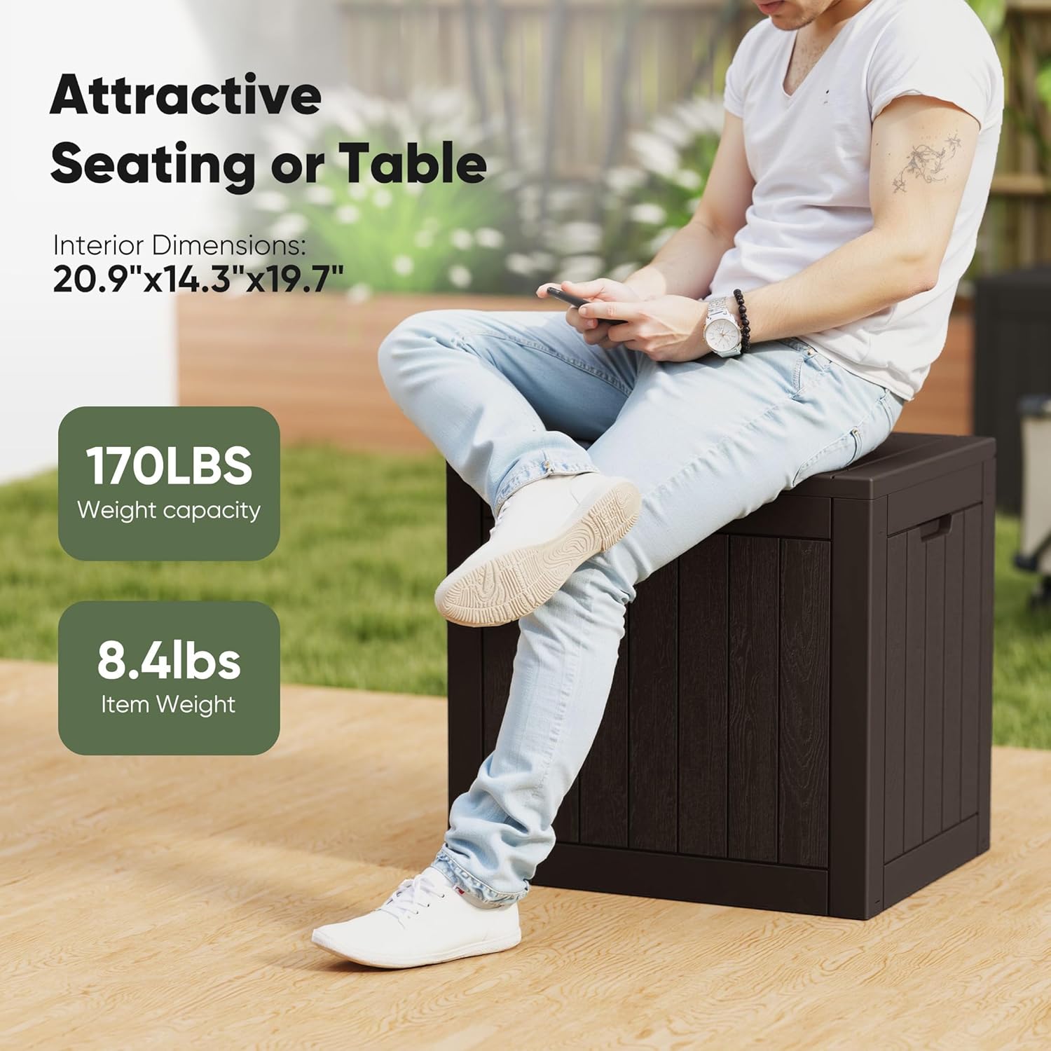 NEWBULIG 31 Gallon Outdoor Storage Box, Waterproof Deck Box with Lockable Lid, Patio Furniture Bench & Side Table, Easy Assembly, for Garden, Pool, Patio & Backyard Organization, Brown