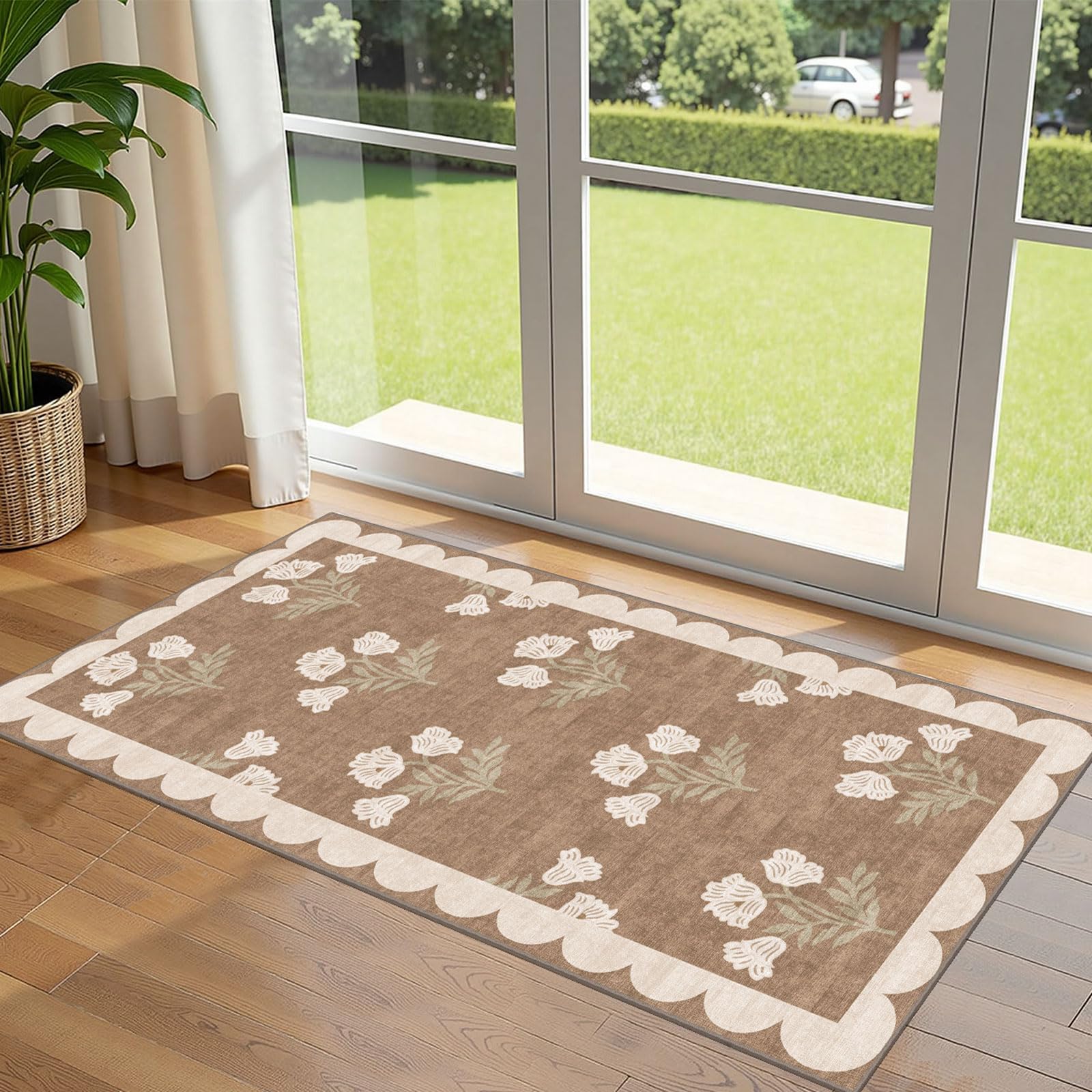 3x5 Floral Entry Rug - Small Washable Indoor Outdoor Mats for Front Door Non-Slip Porch Rug Beige Vintage Farmhouse Throw Rugs for Living Room Bedroom Entryway Kitchen Office Porch Decor