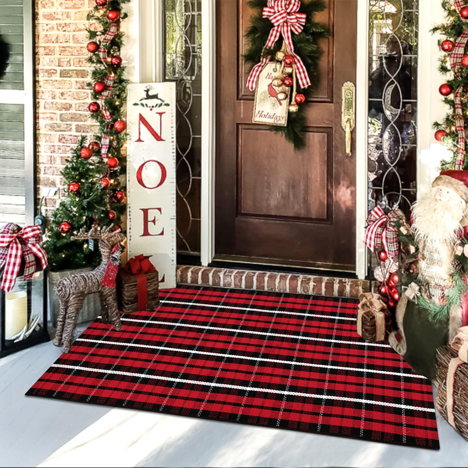 OJIA Outdoor Rug 3'x5', Black and Tan Area Rug Machine Washable Rugs Cotton Hand Woven Entry Rug Indoor Outdoor Striped Carpet for Front Porch/Deck/Backyard/Camping/Outdoor Decor