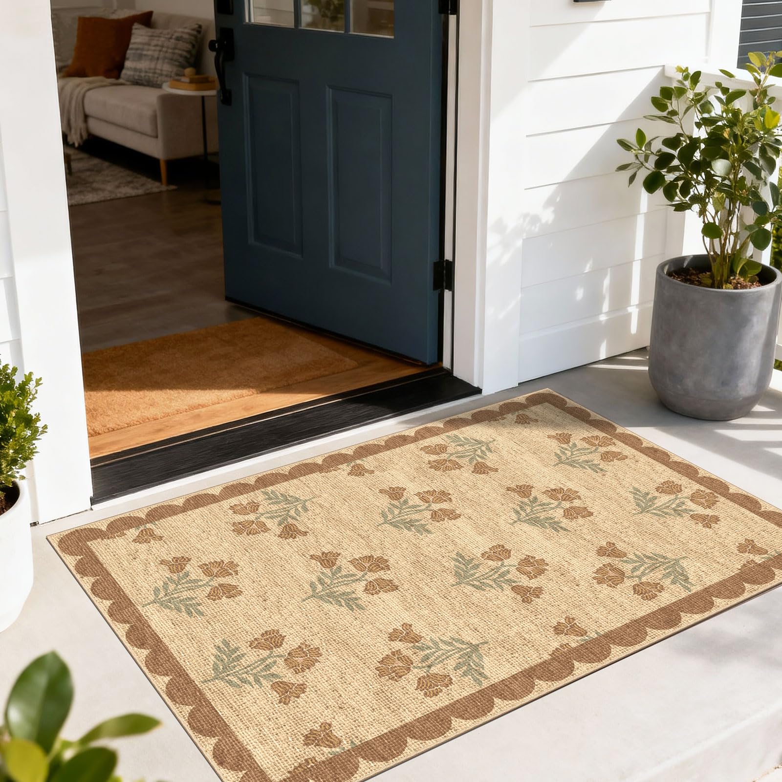3x5 Floral Entry Rug - Small Washable Indoor Outdoor Mats for Front Door Non-Slip Porch Rug Beige Vintage Farmhouse Throw Rugs for Living Room Bedroom Entryway Kitchen Office Porch Decor