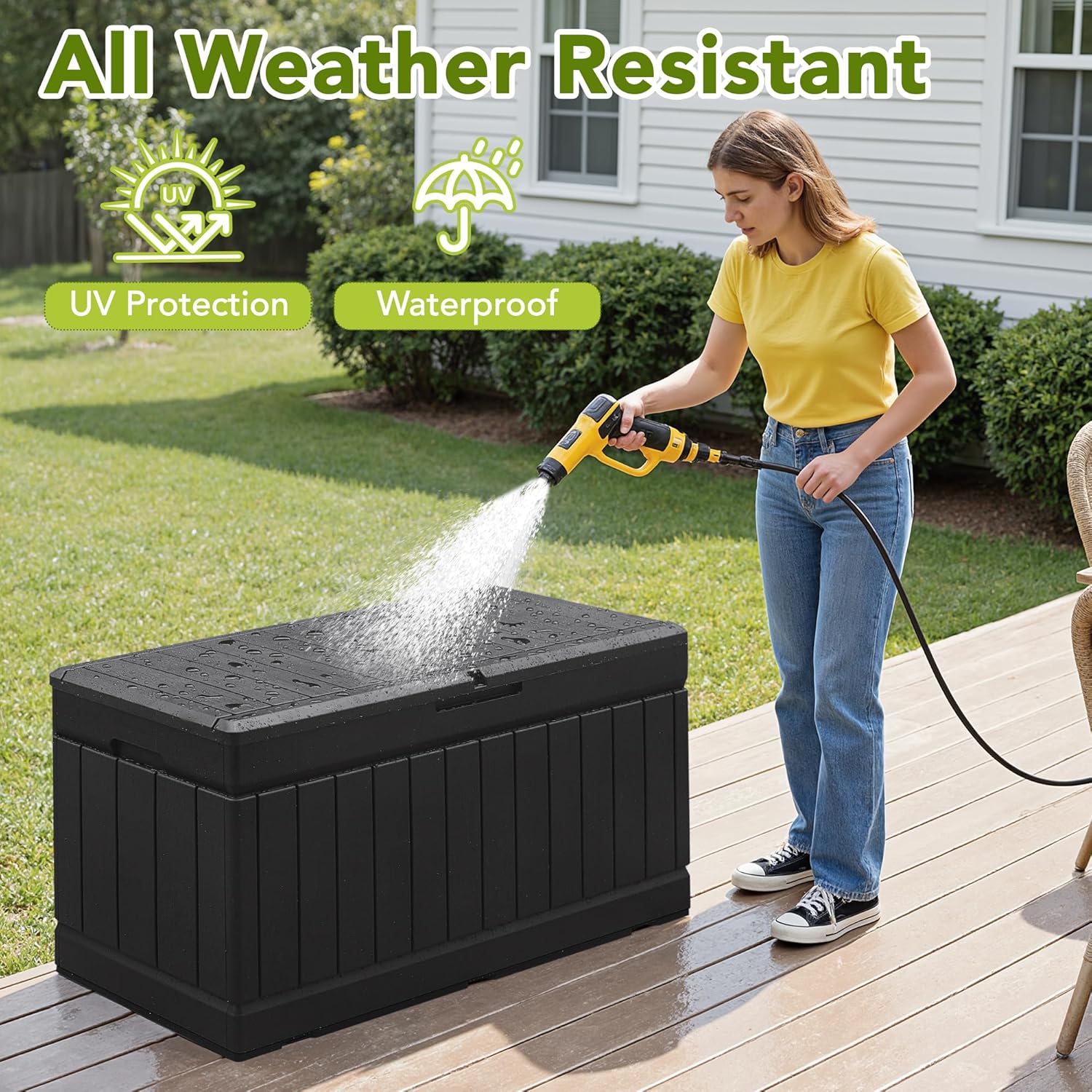 Devoko 78 Gallon Deck Box, Waterproof Resin Outdoor Storage Box for Outside and Patio, Outdoor Storage Bench Lockable for Patio Furniture, Garden Tools and Pool Supplies (Black, 78 Gallon)