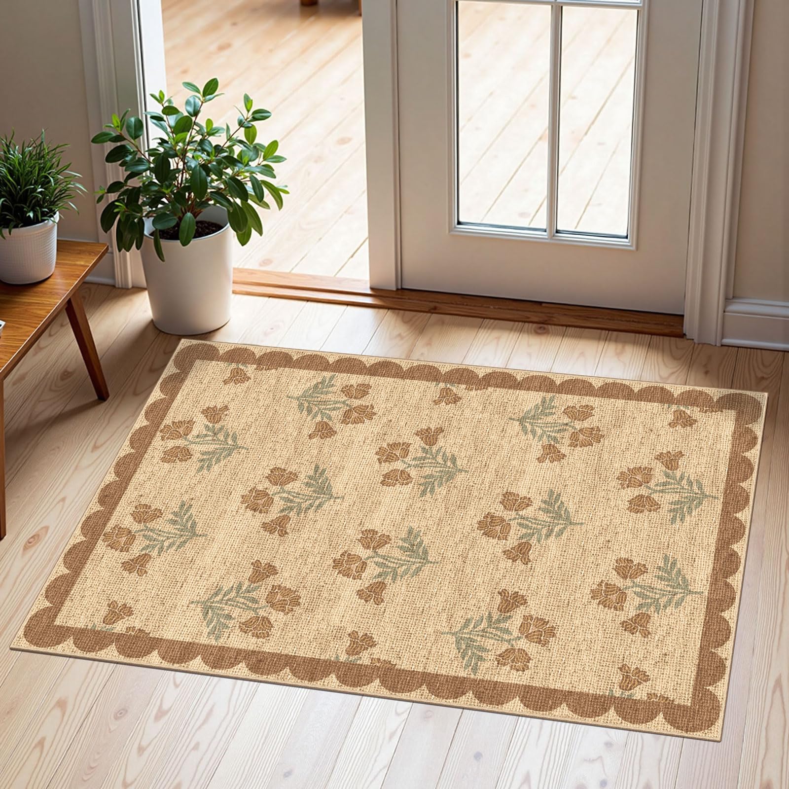 3x5 Floral Entry Rug - Small Washable Indoor Outdoor Mats for Front Door Non-Slip Porch Rug Beige Vintage Farmhouse Throw Rugs for Living Room Bedroom Entryway Kitchen Office Porch Decor