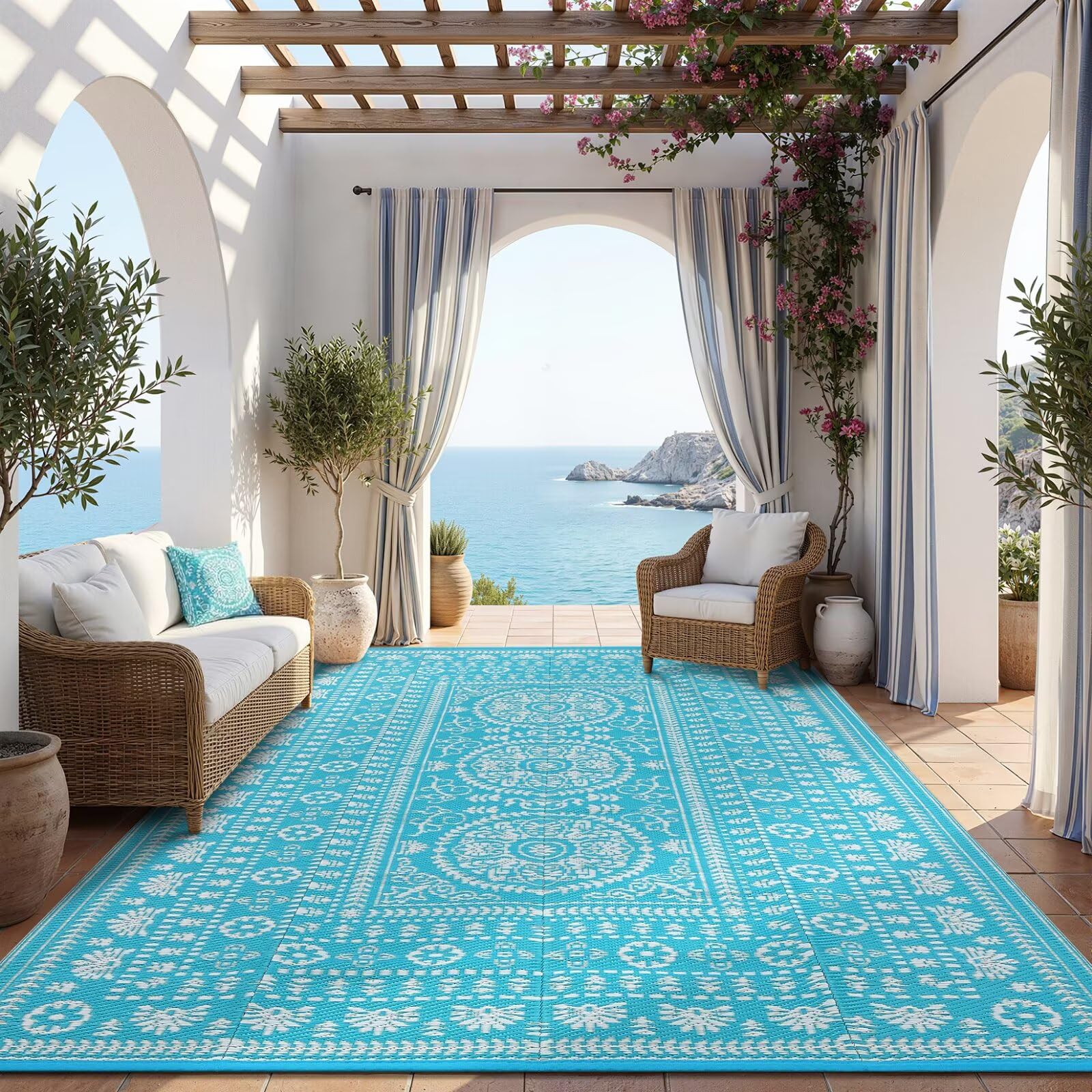 Garvee Reversible Outdoor Rug 8x10 for Patio, Waterproof Outdoor Area Rug, Modern Medallion Indoor Outdoor Rugs, Plastic Straw Rug for RV, Camping, Deck, Vintage Terracotta