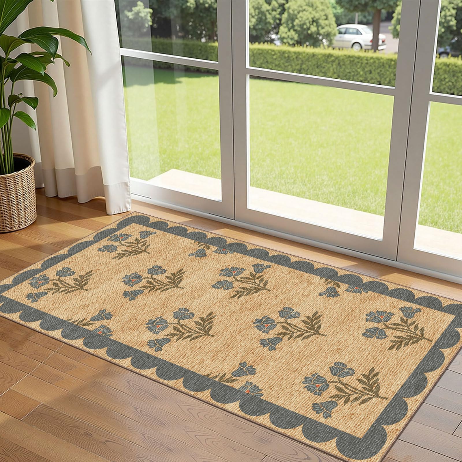 3x5 Floral Entry Rug - Small Washable Indoor Outdoor Mats for Front Door Non-Slip Porch Rug Beige Vintage Farmhouse Throw Rugs for Living Room Bedroom Entryway Kitchen Office Porch Decor