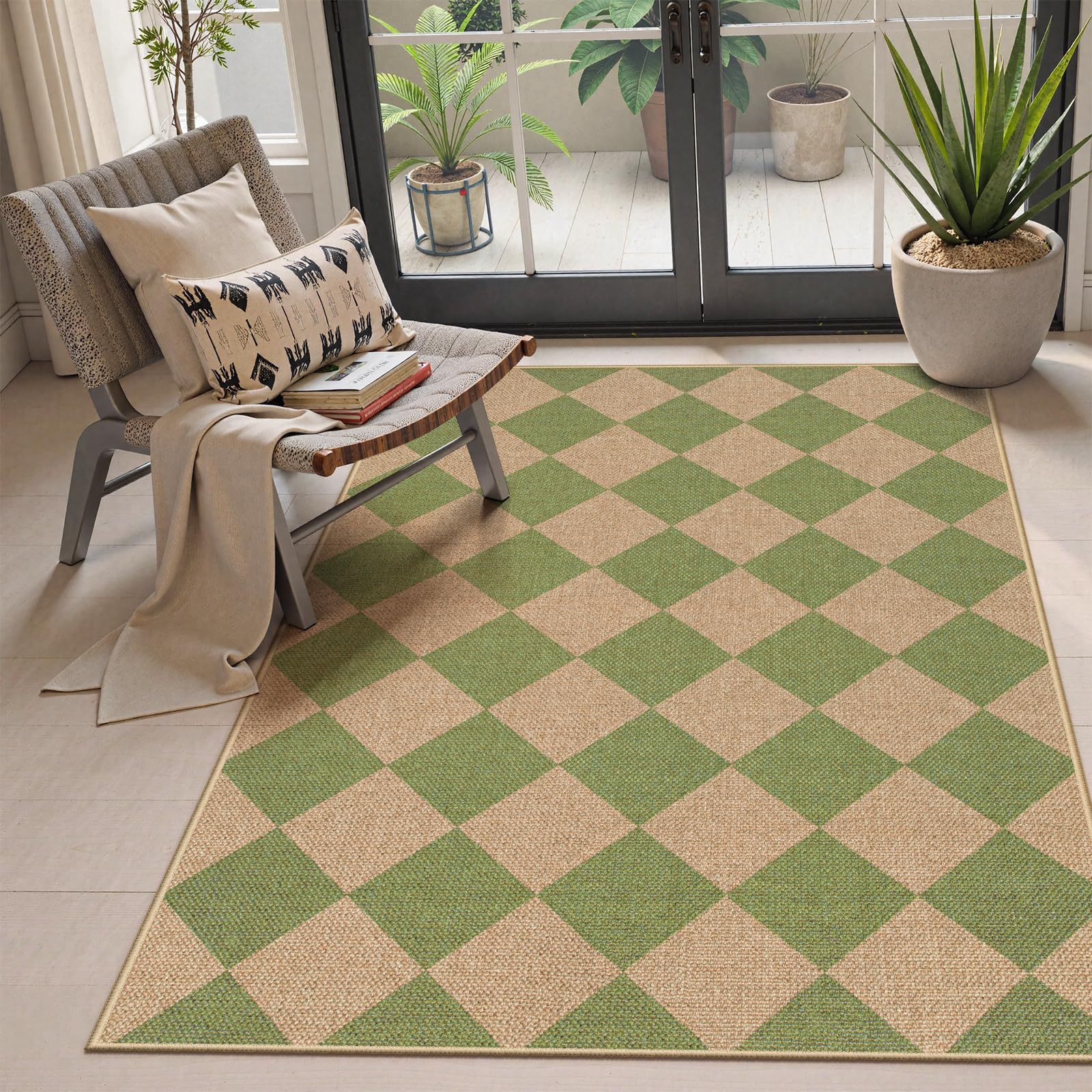 Lahome Colette Checkered Easy Jute 3x5 Outdoor Patio Rug, Washable Rugs for Entryway Diamond Indoor Outdoor Living Room Carpet, Farmhouse Neutral Non Slip Black Door Carpet for Backyard Bedroom