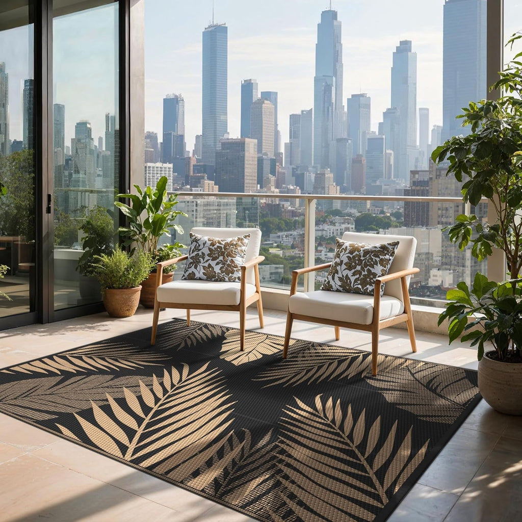 sarben Outdoor Rug 4’x6’ Waterproof for Patio Clearance, Reversible Indoor Outdoor Plastic Straw Camping Rug Carpet, RV Mat, Large Area Rug for Deck, Backyard, Balcony, Porch, Beach, Black & Brown