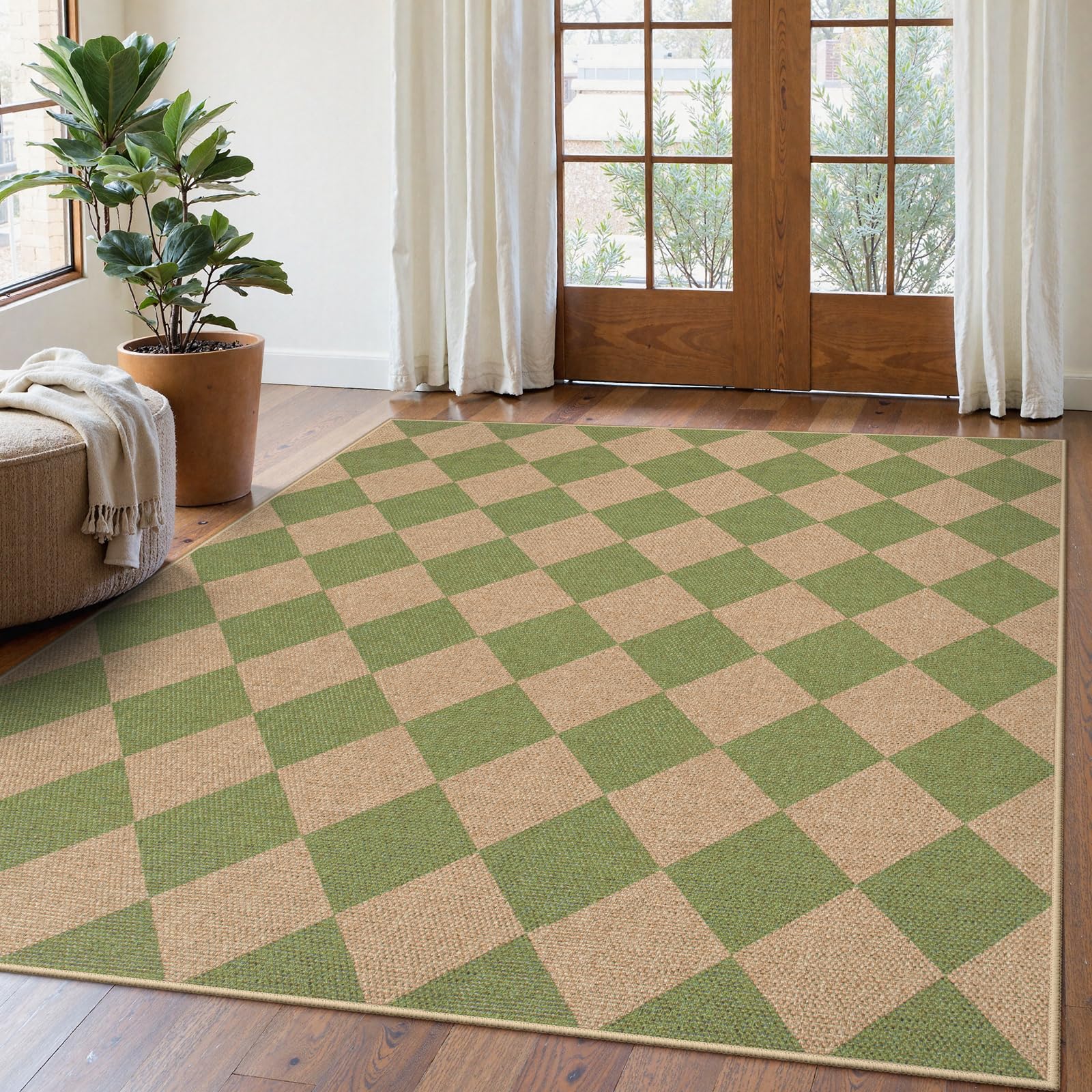 Lahome Colette Checkered Easy Jute 3x5 Outdoor Patio Rug, Washable Rugs for Entryway Diamond Indoor Outdoor Living Room Carpet, Farmhouse Neutral Non Slip Black Door Carpet for Backyard Bedroom