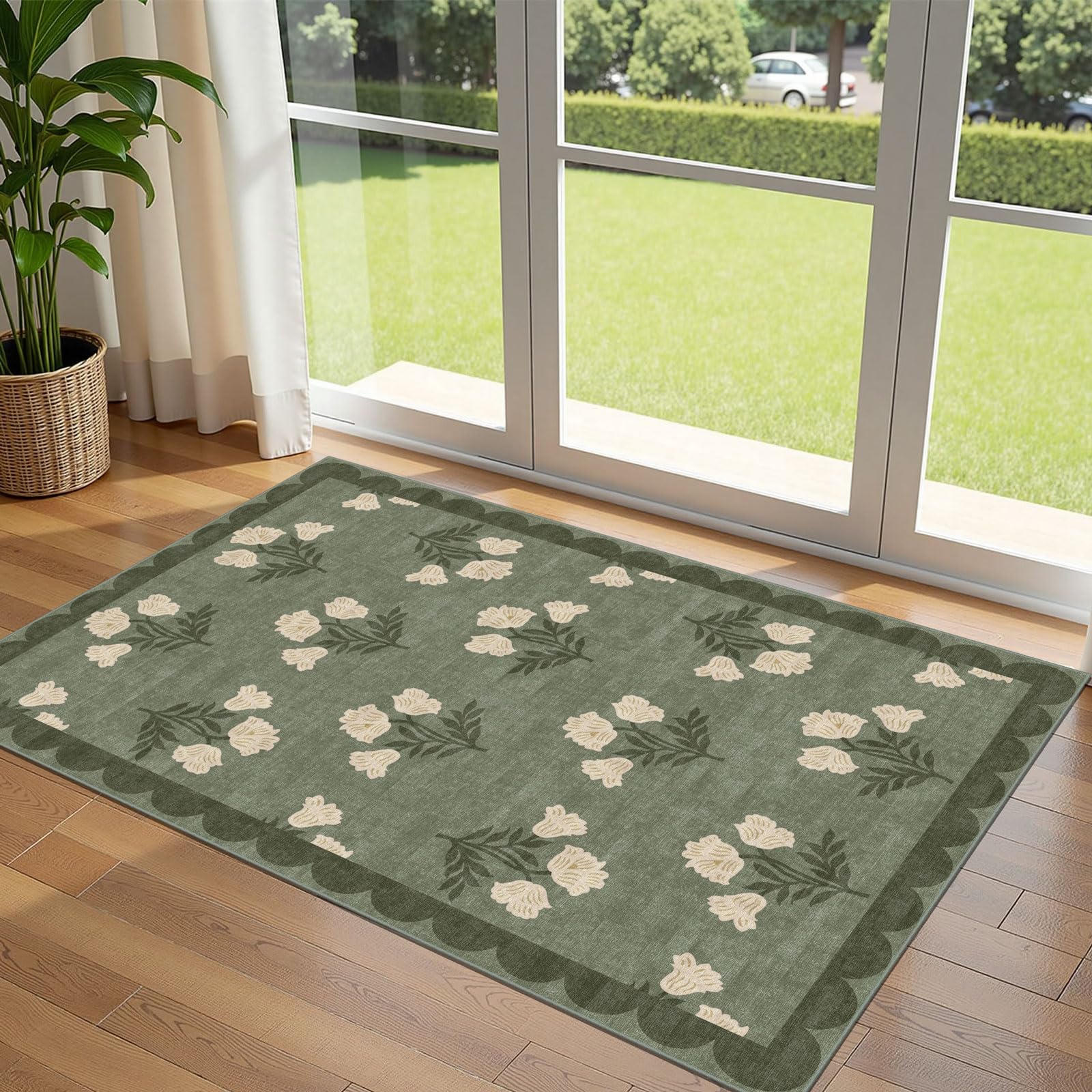 3x5 Floral Entry Rug - Small Washable Indoor Outdoor Mats for Front Door Non-Slip Porch Rug Beige Vintage Farmhouse Throw Rugs for Living Room Bedroom Entryway Kitchen Office Porch Decor