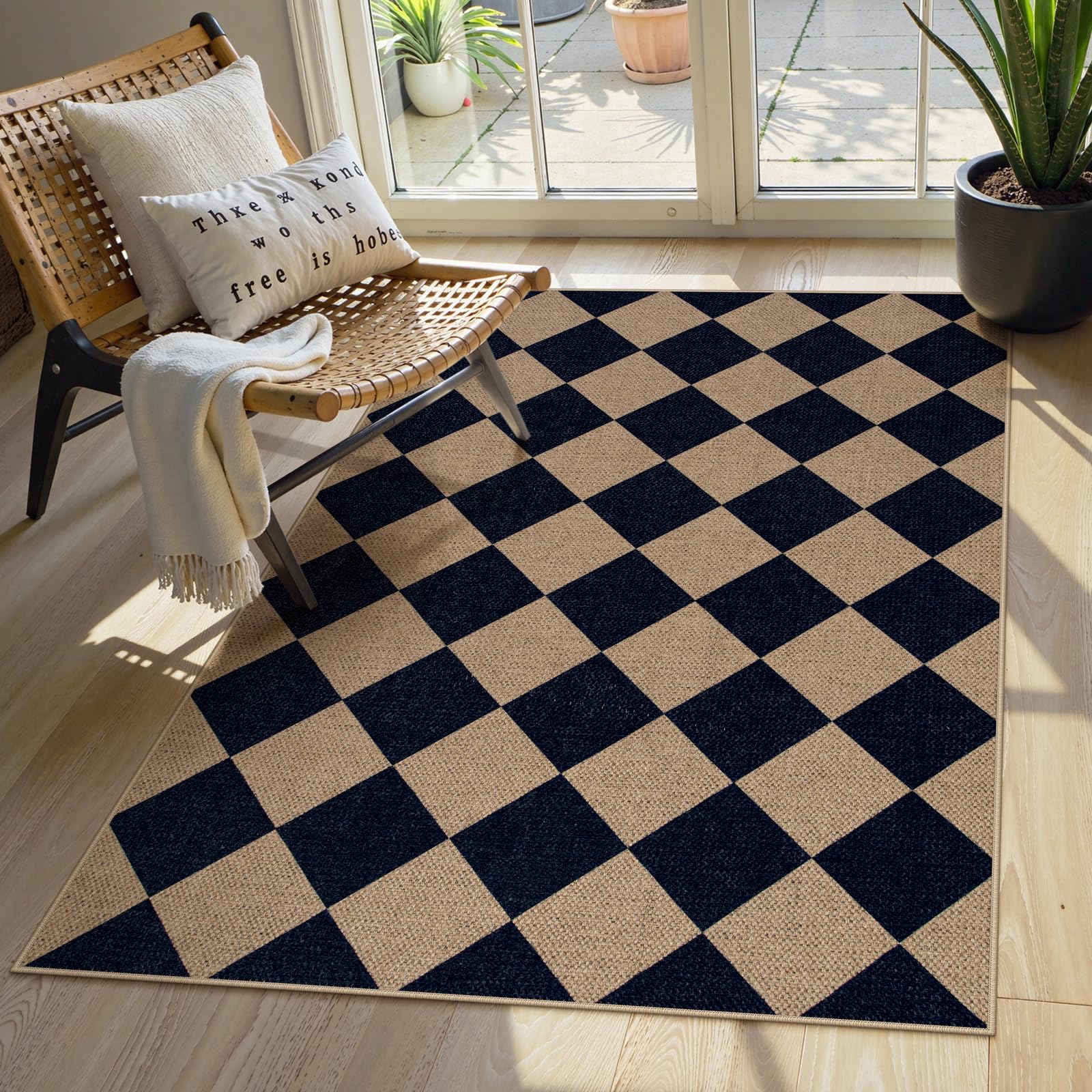 Lahome Colette Checkered Easy Jute 3x5 Outdoor Patio Rug, Washable Rugs for Entryway Diamond Indoor Outdoor Living Room Carpet, Farmhouse Neutral Non Slip Black Door Carpet for Backyard Bedroom