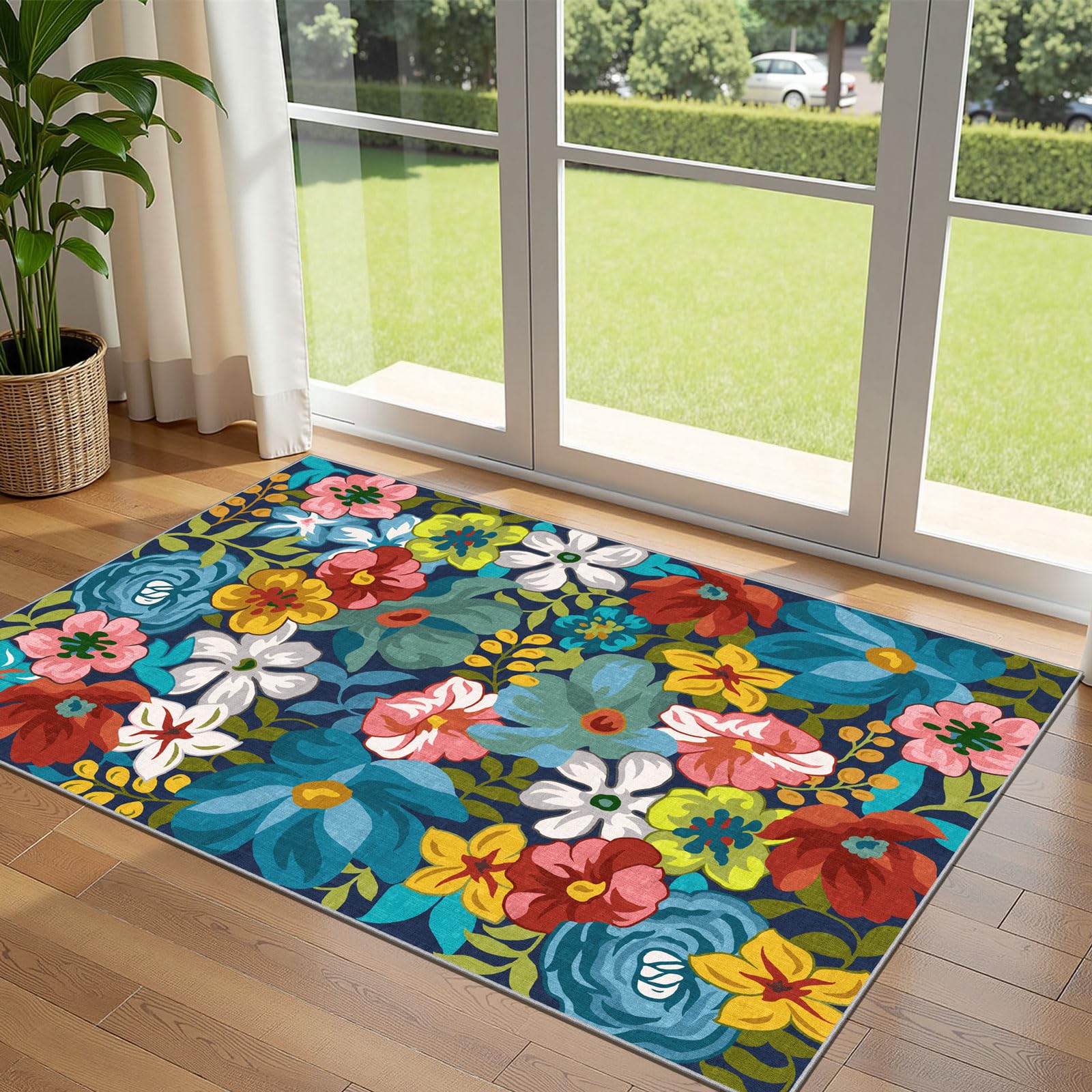 3x5 Floral Entry Rug - Small Washable Indoor Outdoor Mats for Front Door Non-Slip Porch Rug Beige Vintage Farmhouse Throw Rugs for Living Room Bedroom Entryway Kitchen Office Porch Decor