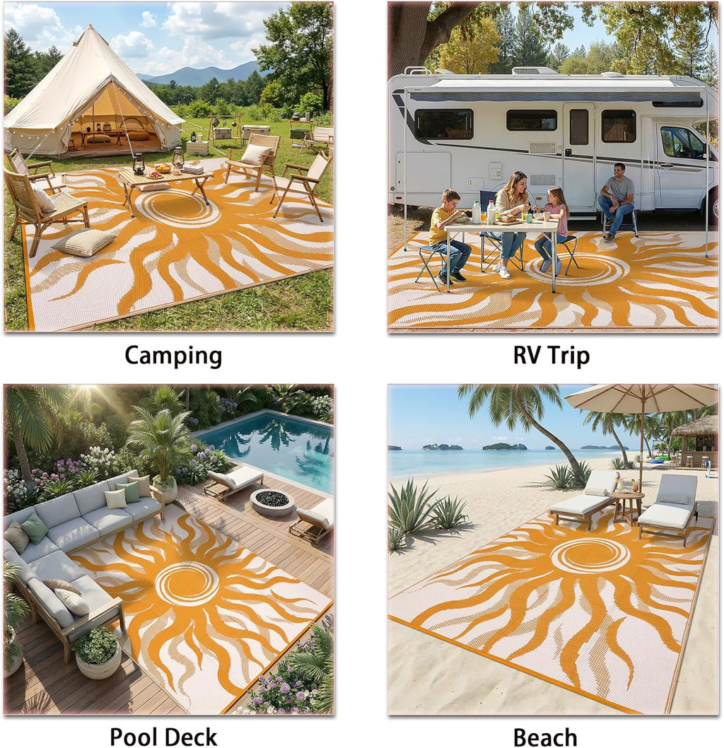 Garvee Outdoor Rug 5x8 Waterproof Patio Rugs with Boho Sun Pattern, Reversible Plastic Straw Camping Rugs Outdoor Indoor RV Mat Carpet for Deck, Backyard, Picnic, Porch, Balcony, Beach, Orange