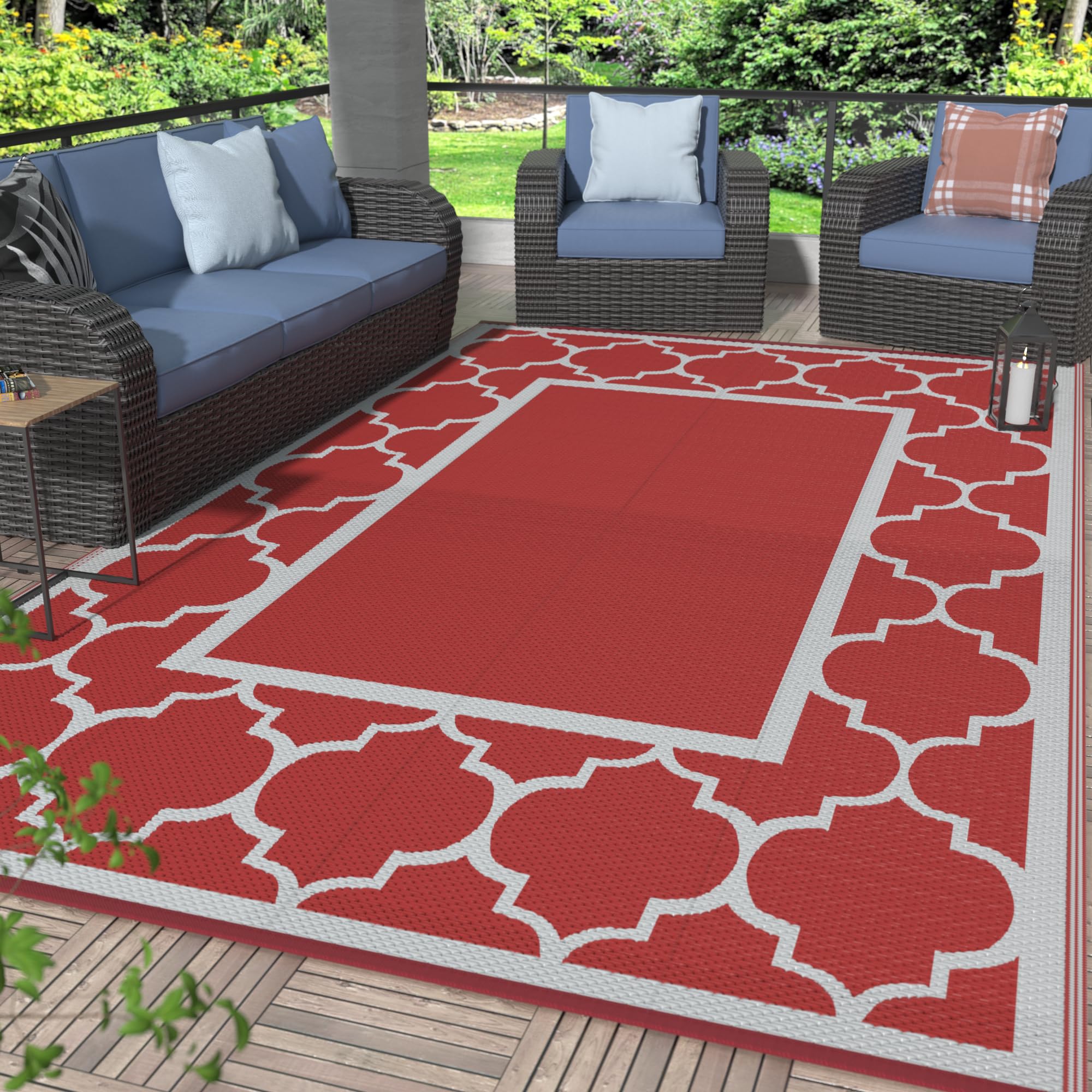 GENIMO 5' x 8' Outdoor Rug Waterproof for Patio Decor, Foldable Reversible Plastic Straw Area Rugs Mat for Camper, Outside Carpet for Rv, Deck, Porch, Picnic, Beach, Balcony, Blue & White