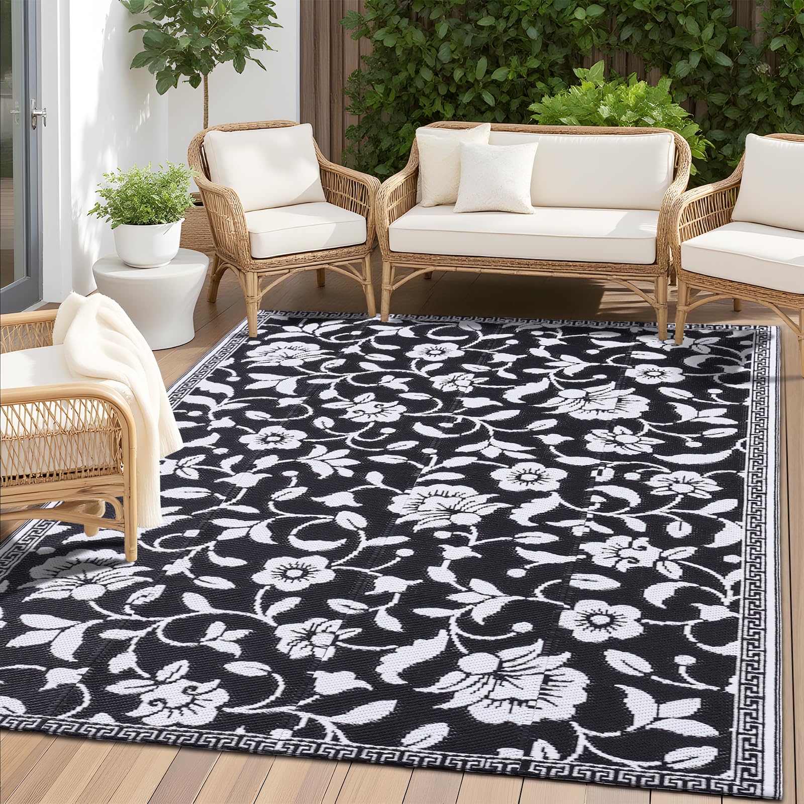 OLANLY Waterproof Outdoor Rug 5x8 ft, Outdoor Plastic Straw Rug with Flower Pattern, Reversible RV Mat for Patio, Camping, Balcony, Deck, Backyard, Navy & White
