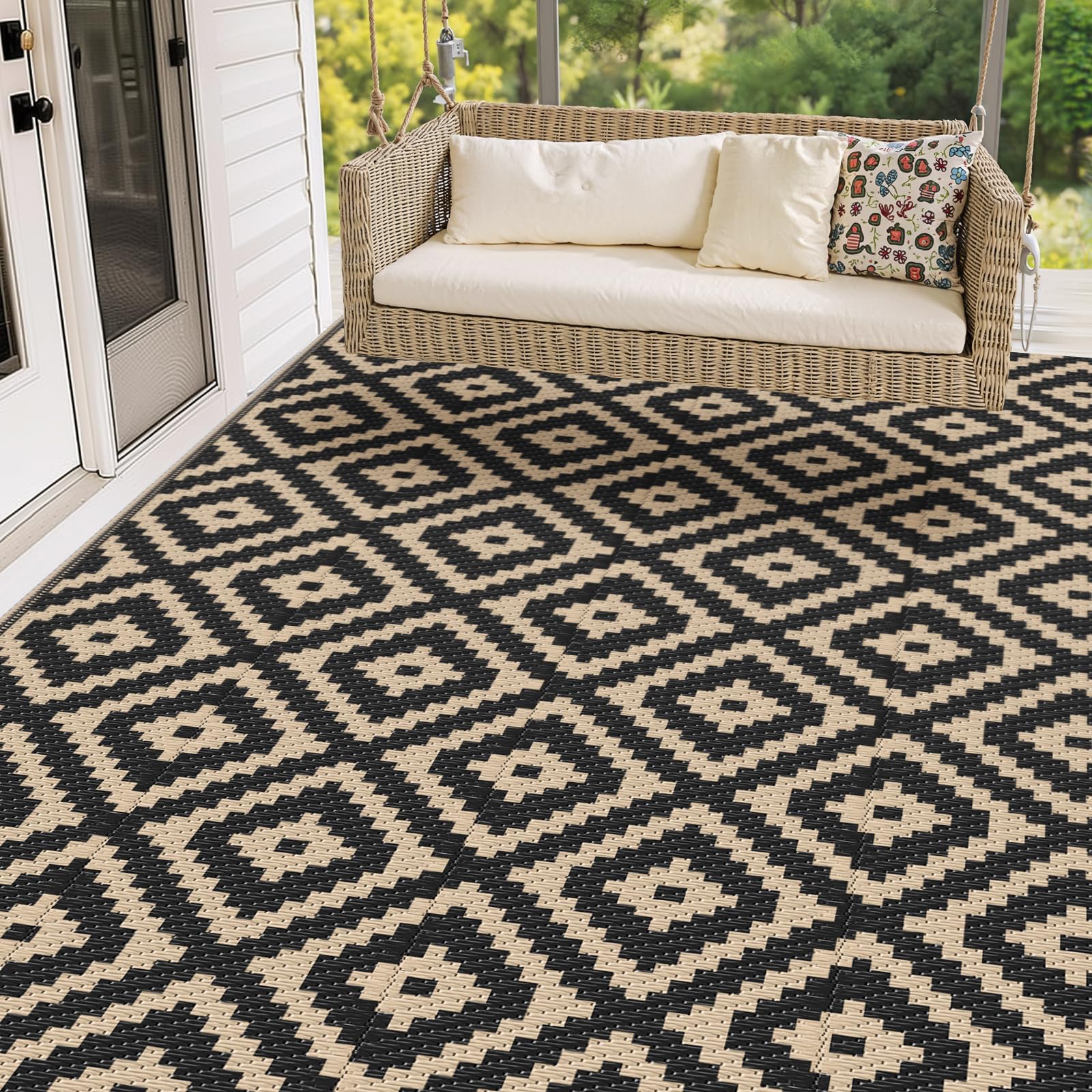 Mattitude Waterproof Outdoor Rug 5x8 Ft Outdoor Plastic Straw Rug Reversible Patio Rug Large Outdoor Carpet Area Rug for Patio Backyard Picnic Beach Camping RV Black & Beige