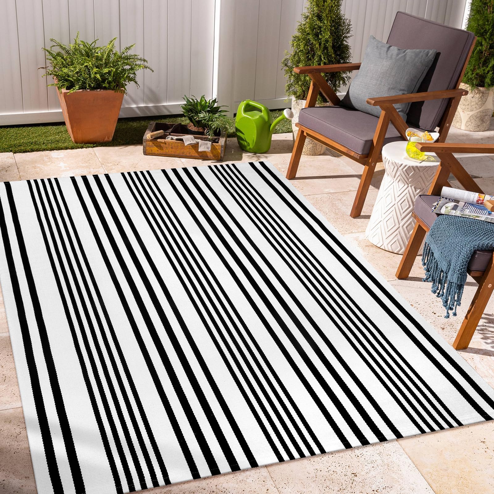 OJIA Outdoor Rug 3'x5', Black and Tan Area Rug Machine Washable Rugs Cotton Hand Woven Entry Rug Indoor Outdoor Striped Carpet for Front Porch/Deck/Backyard/Camping/Outdoor Decor