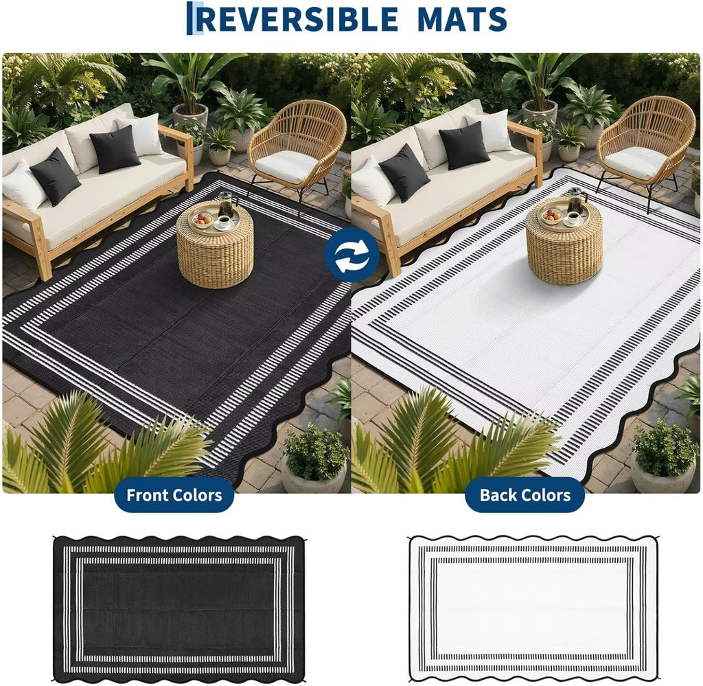 Garvee Waterproof Outdoor Rug 8x10, Scalloped Geometric Foldable Plastic Straw Patio Camping Rug, Outdoor RV Carpet for Deck Camper Porch Balcony Backyard Picnic Beach Black and White
