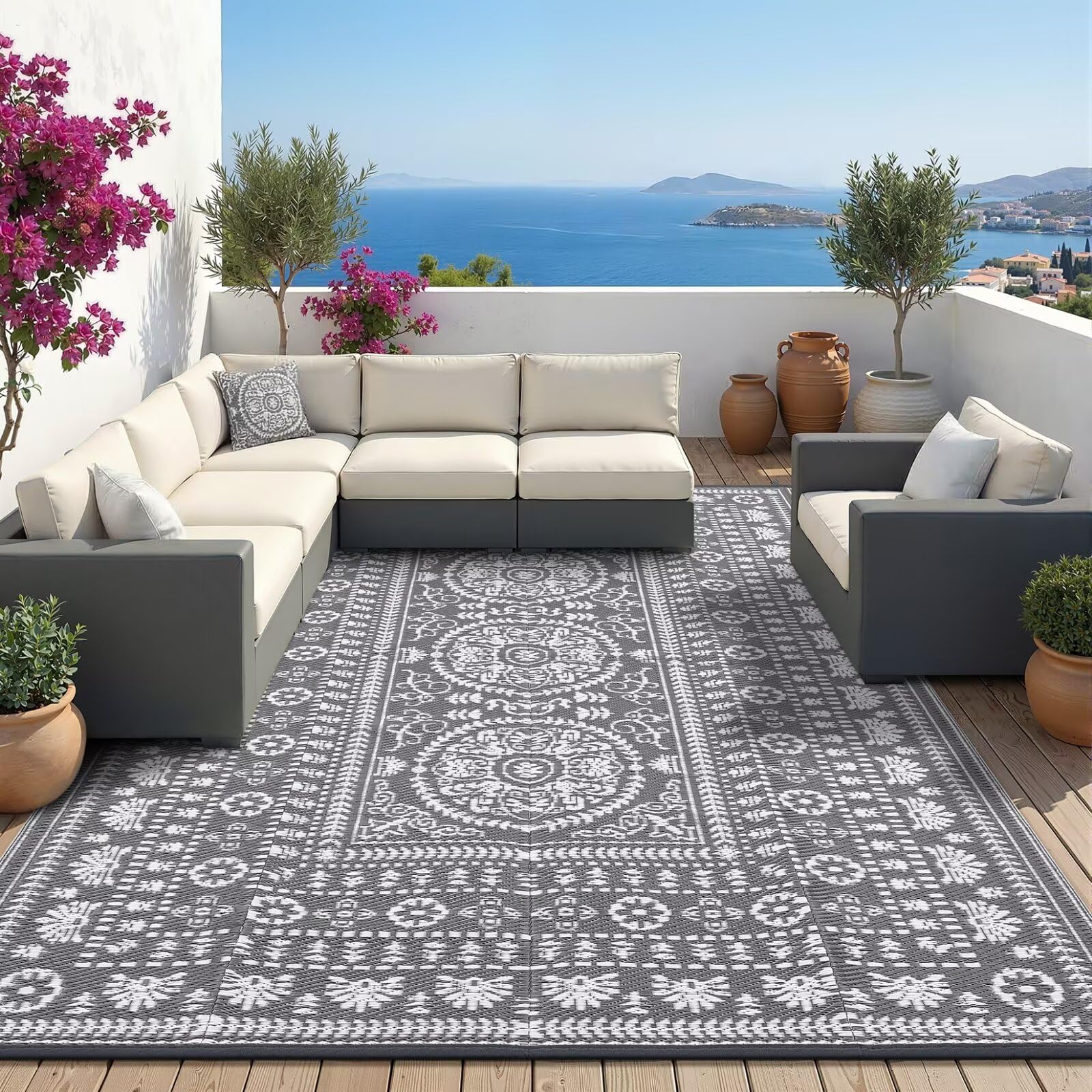 Garvee Reversible Outdoor Rug 8x10 for Patio, Waterproof Outdoor Area Rug, Modern Medallion Indoor Outdoor Rugs, Plastic Straw Rug for RV, Camping, Deck, Vintage Terracotta