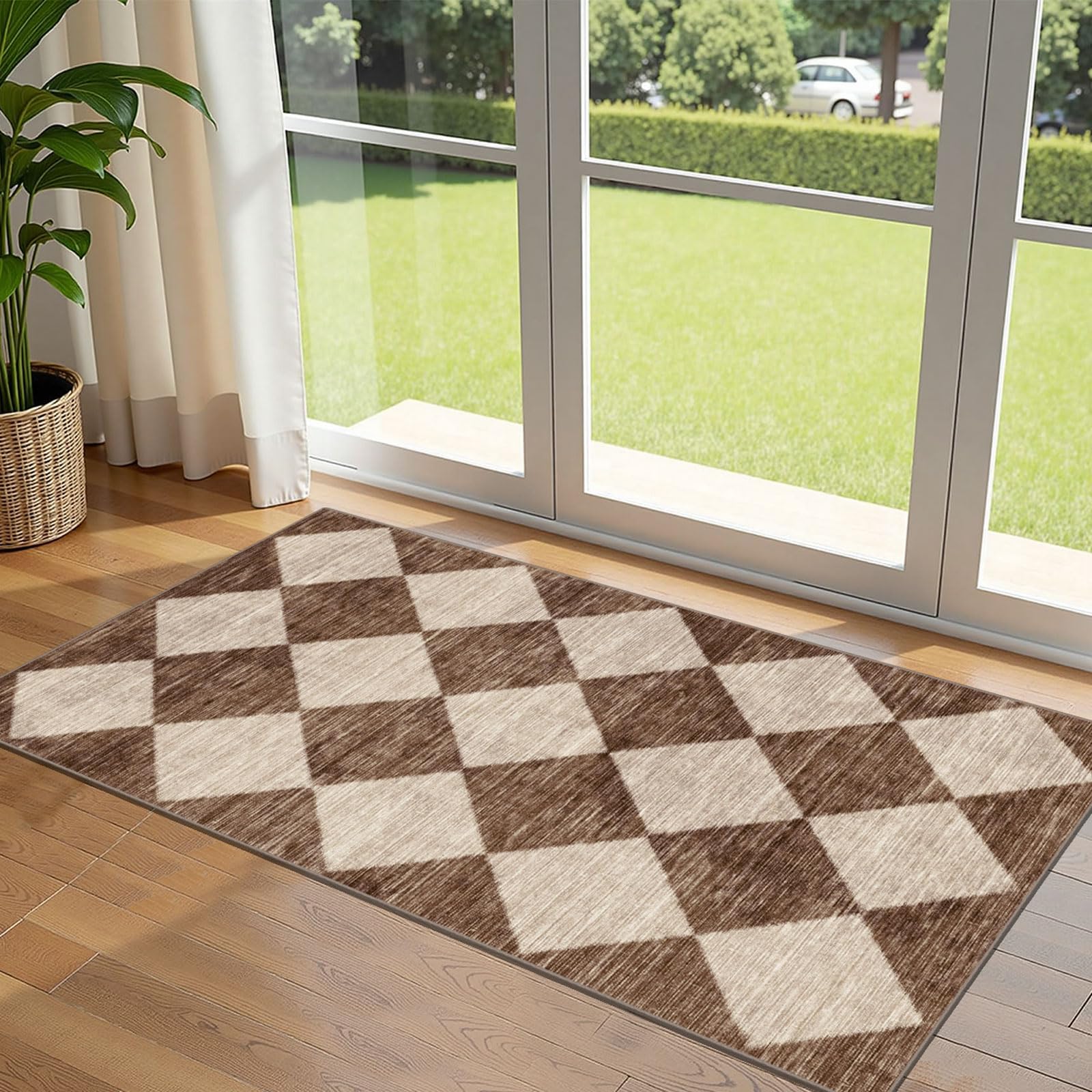 3x5 Floral Entry Rug - Small Washable Indoor Outdoor Mats for Front Door Non-Slip Porch Rug Beige Vintage Farmhouse Throw Rugs for Living Room Bedroom Entryway Kitchen Office Porch Decor