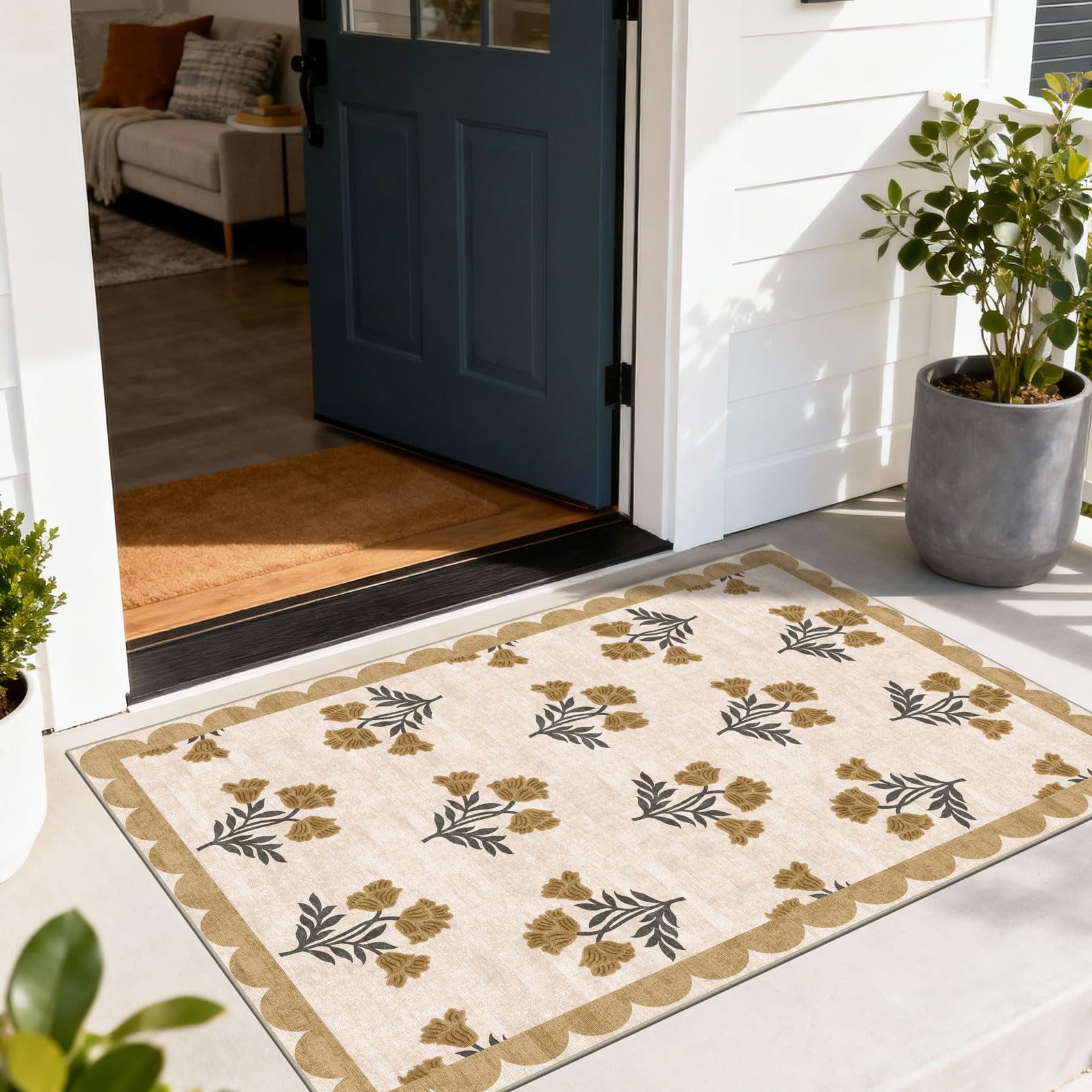 3x5 Floral Entry Rug - Small Washable Indoor Outdoor Mats for Front Door Non-Slip Porch Rug Beige Vintage Farmhouse Throw Rugs for Living Room Bedroom Entryway Kitchen Office Porch Decor