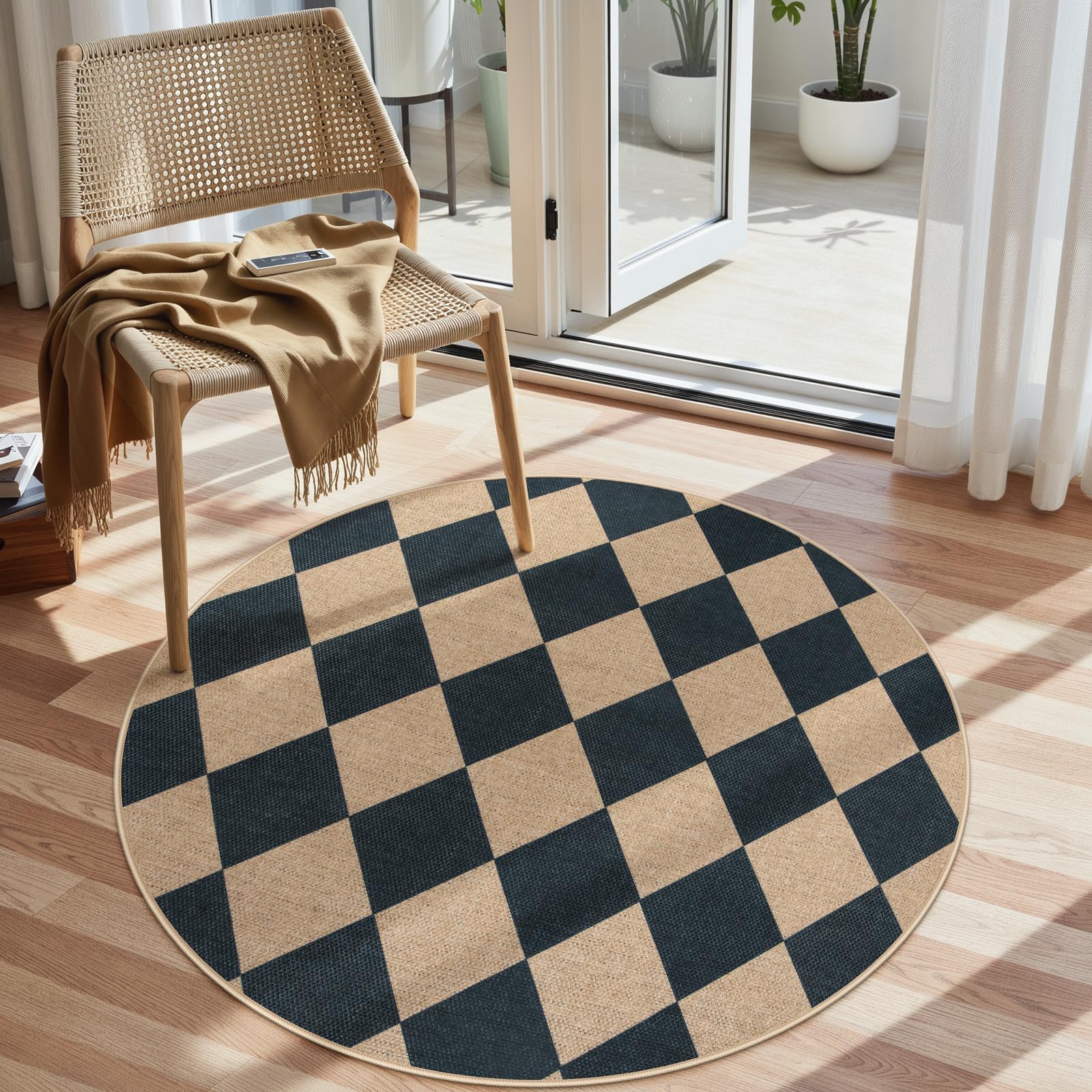 Lahome Colette Checkered Easy Jute 3x5 Outdoor Patio Rug, Washable Rugs for Entryway Diamond Indoor Outdoor Living Room Carpet, Farmhouse Neutral Non Slip Black Door Carpet for Backyard Bedroom