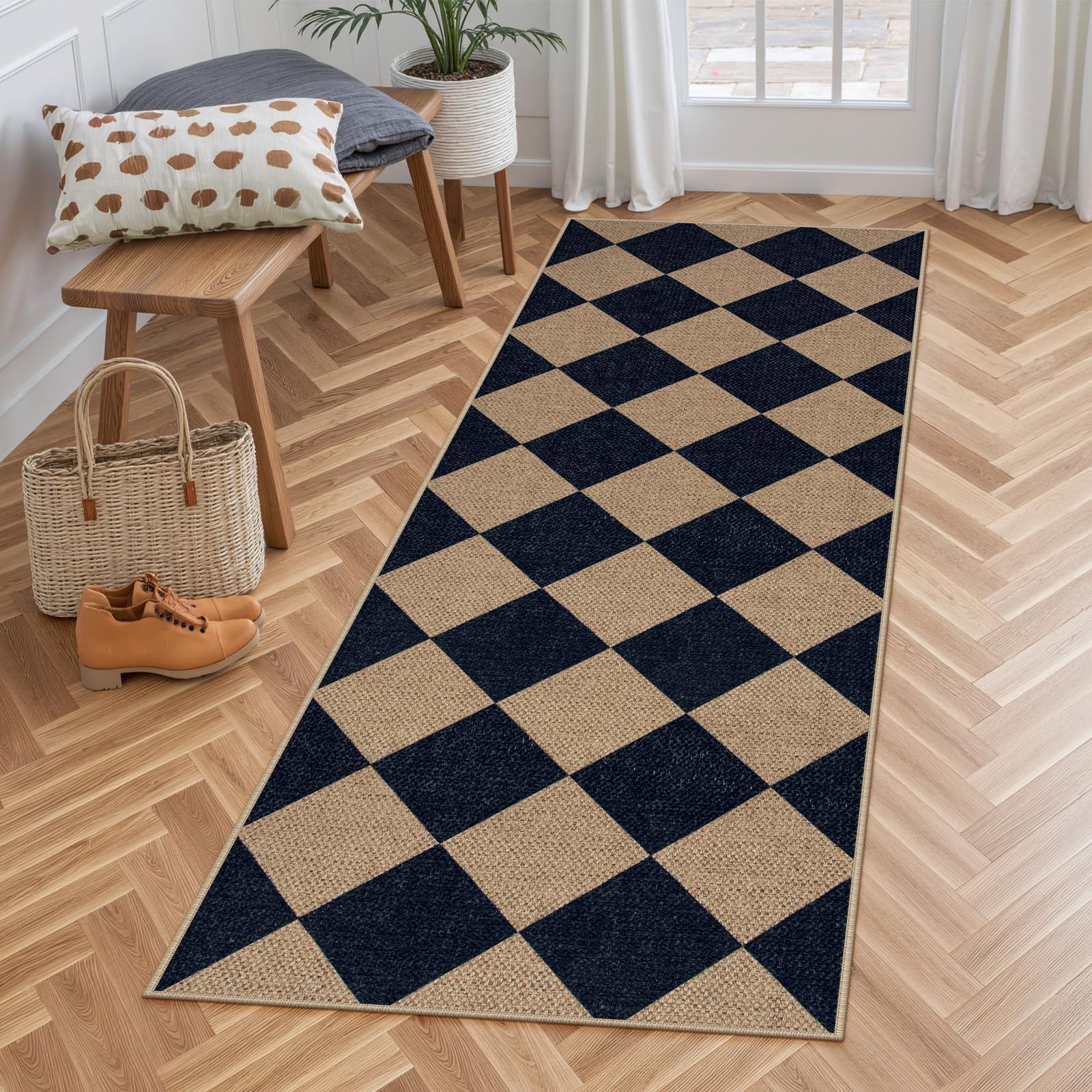 Lahome Colette Checkered Easy Jute 3x5 Outdoor Patio Rug, Washable Rugs for Entryway Diamond Indoor Outdoor Living Room Carpet, Farmhouse Neutral Non Slip Black Door Carpet for Backyard Bedroom