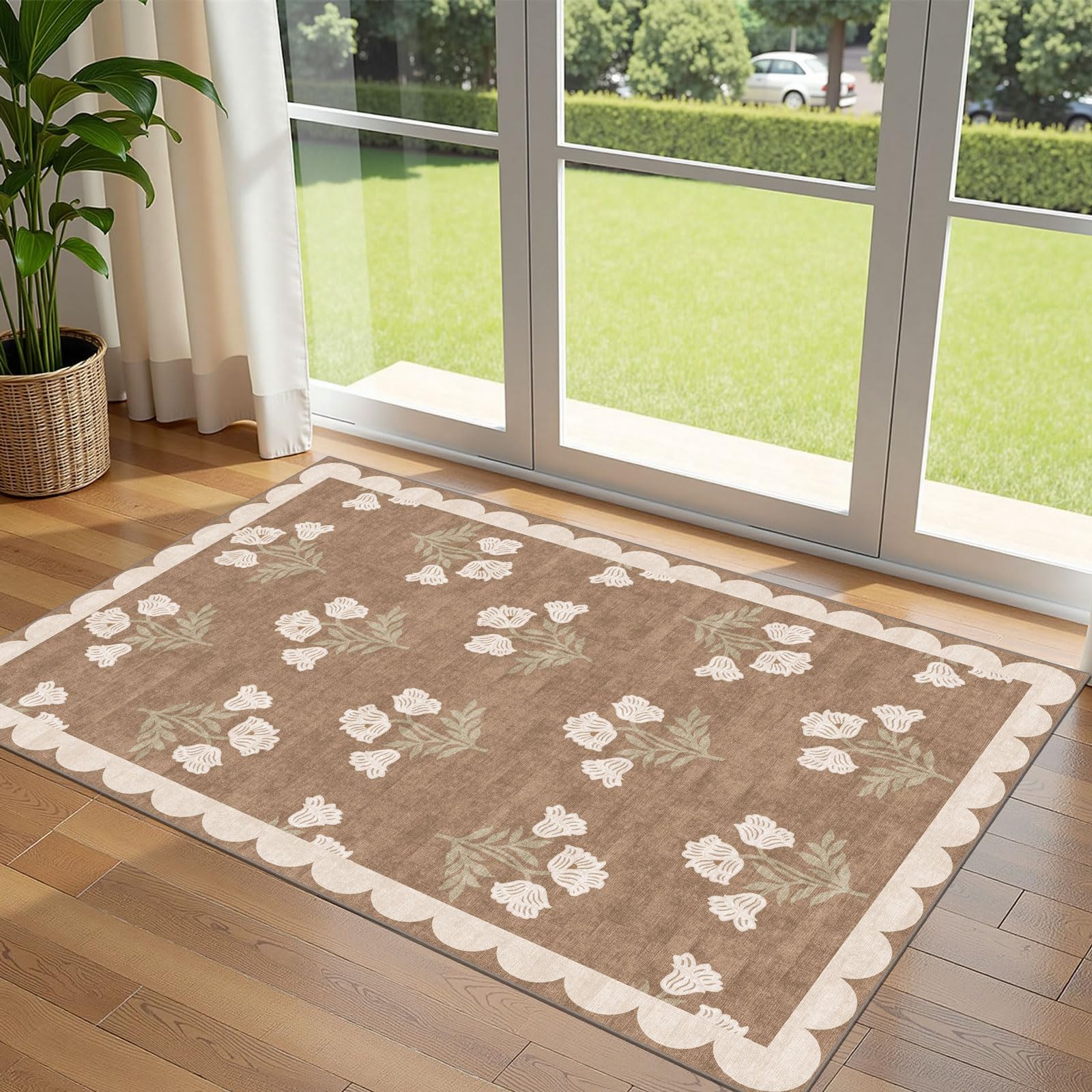 3x5 Floral Entry Rug - Small Washable Indoor Outdoor Mats for Front Door Non-Slip Porch Rug Beige Vintage Farmhouse Throw Rugs for Living Room Bedroom Entryway Kitchen Office Porch Decor