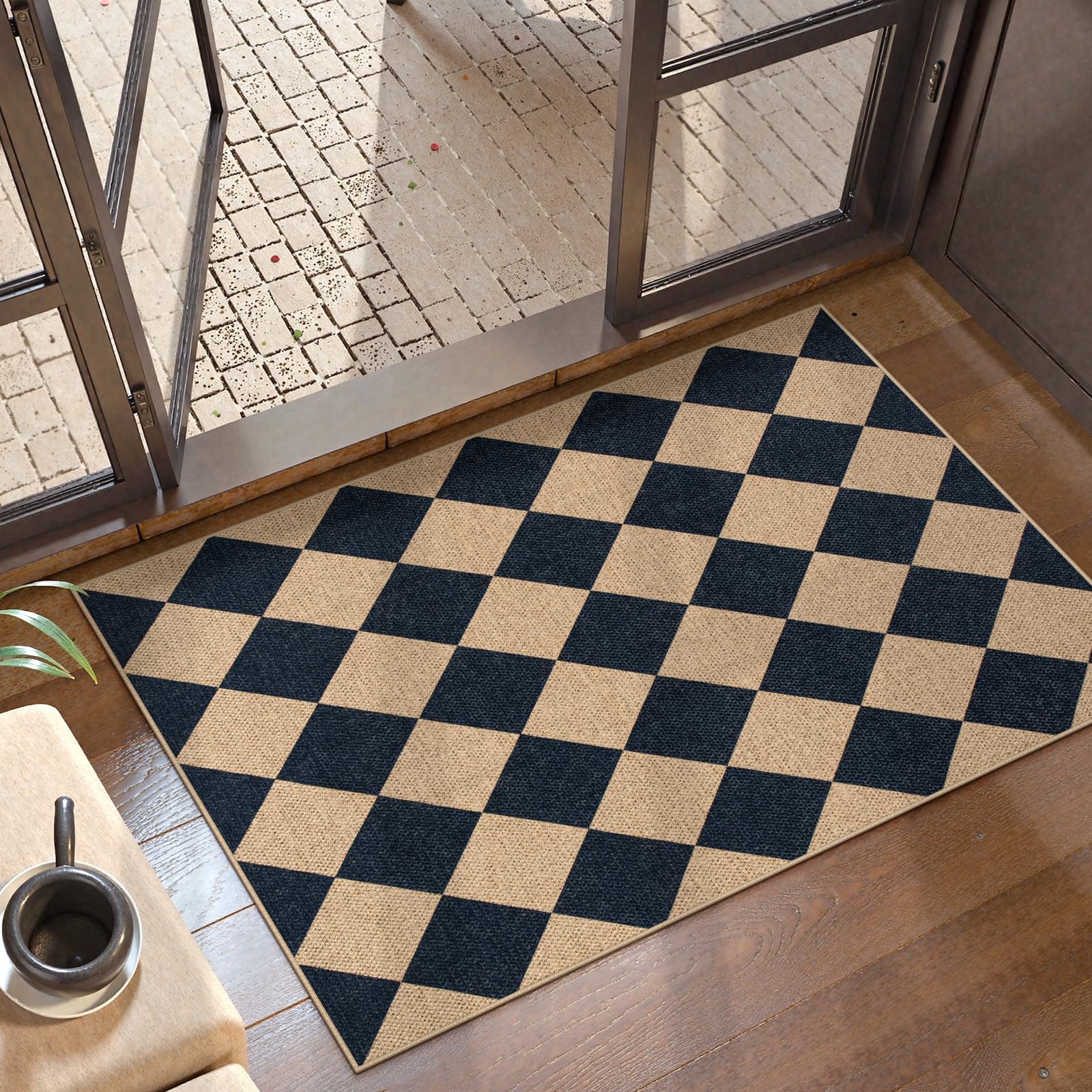 Lahome Colette Checkered Easy Jute 3x5 Outdoor Patio Rug, Washable Rugs for Entryway Diamond Indoor Outdoor Living Room Carpet, Farmhouse Neutral Non Slip Black Door Carpet for Backyard Bedroom