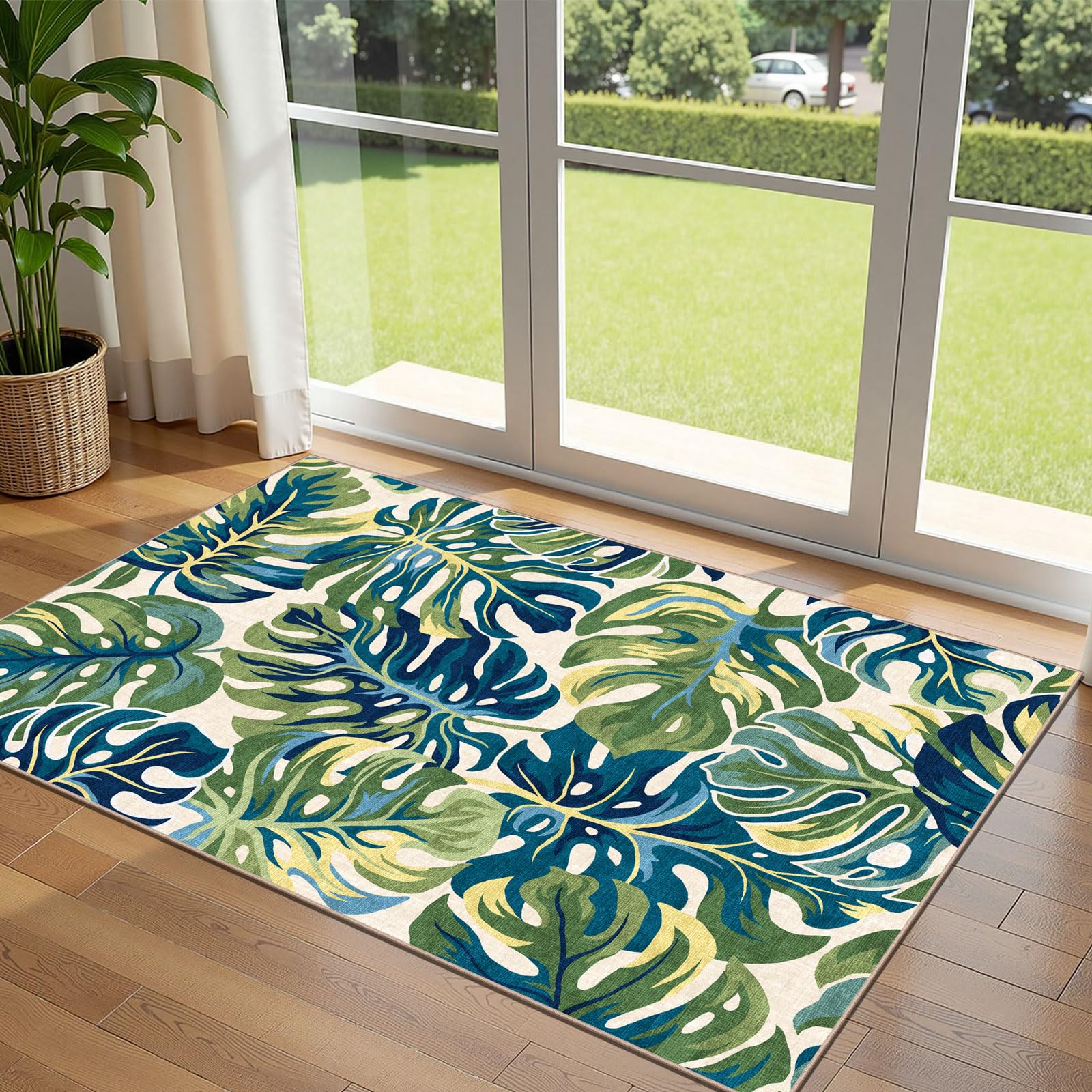 3x5 Floral Entry Rug - Small Washable Indoor Outdoor Mats for Front Door Non-Slip Porch Rug Beige Vintage Farmhouse Throw Rugs for Living Room Bedroom Entryway Kitchen Office Porch Decor