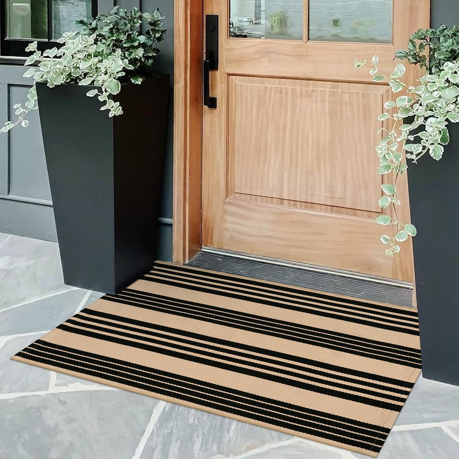 OJIA Outdoor Rug 3'x5', Black and Tan Area Rug Machine Washable Rugs Cotton Hand Woven Entry Rug Indoor Outdoor Striped Carpet for Front Porch/Deck/Backyard/Camping/Outdoor Decor