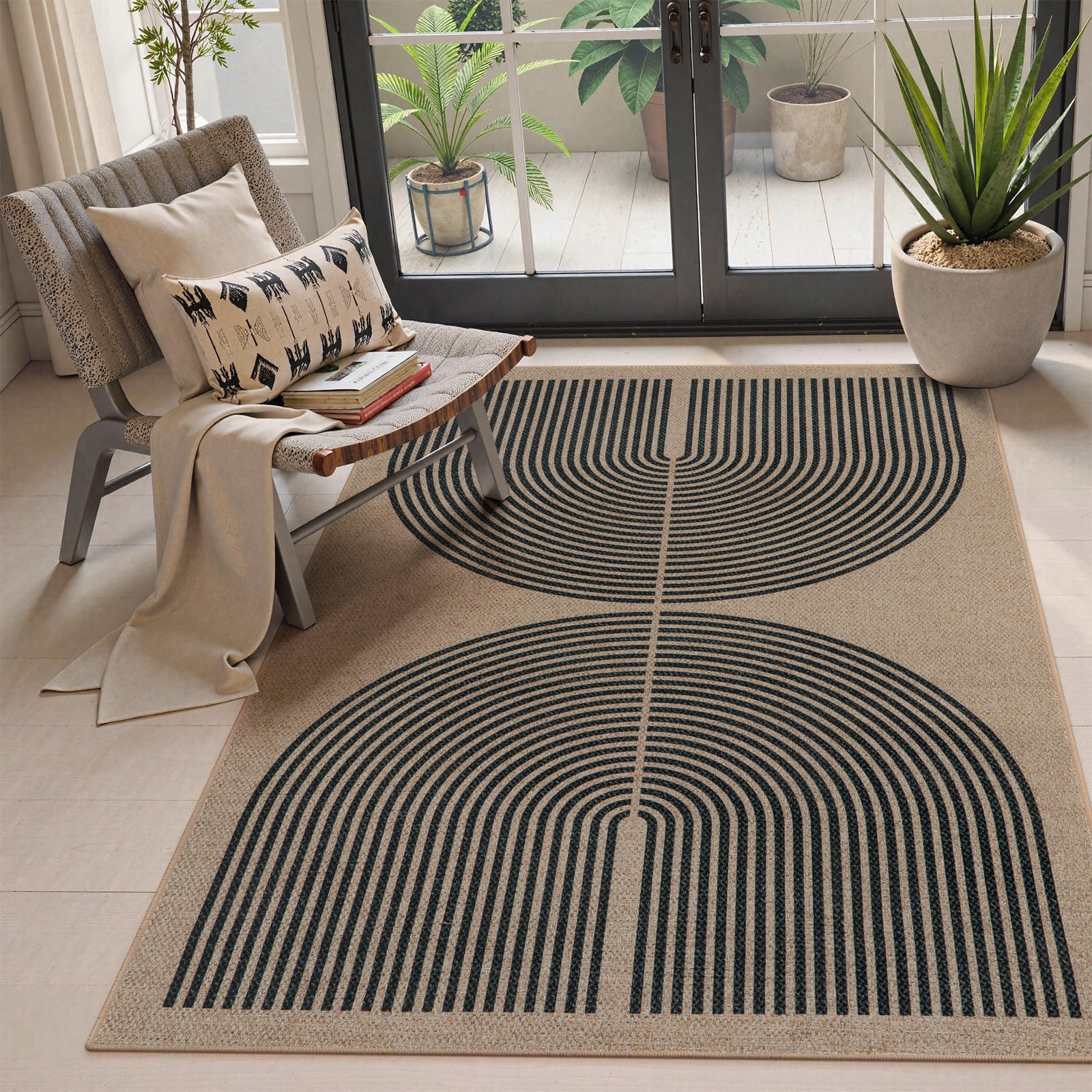 Lahome Enfys Modern Rainbow Easy Jute Outdoor Patio Rug, 3x5 Black Washable Rugs for Entryway Office Farmhouse Classroom Carpet, Contemporary Non Slip Front Door Mat for Porch Guestroom Room Decor