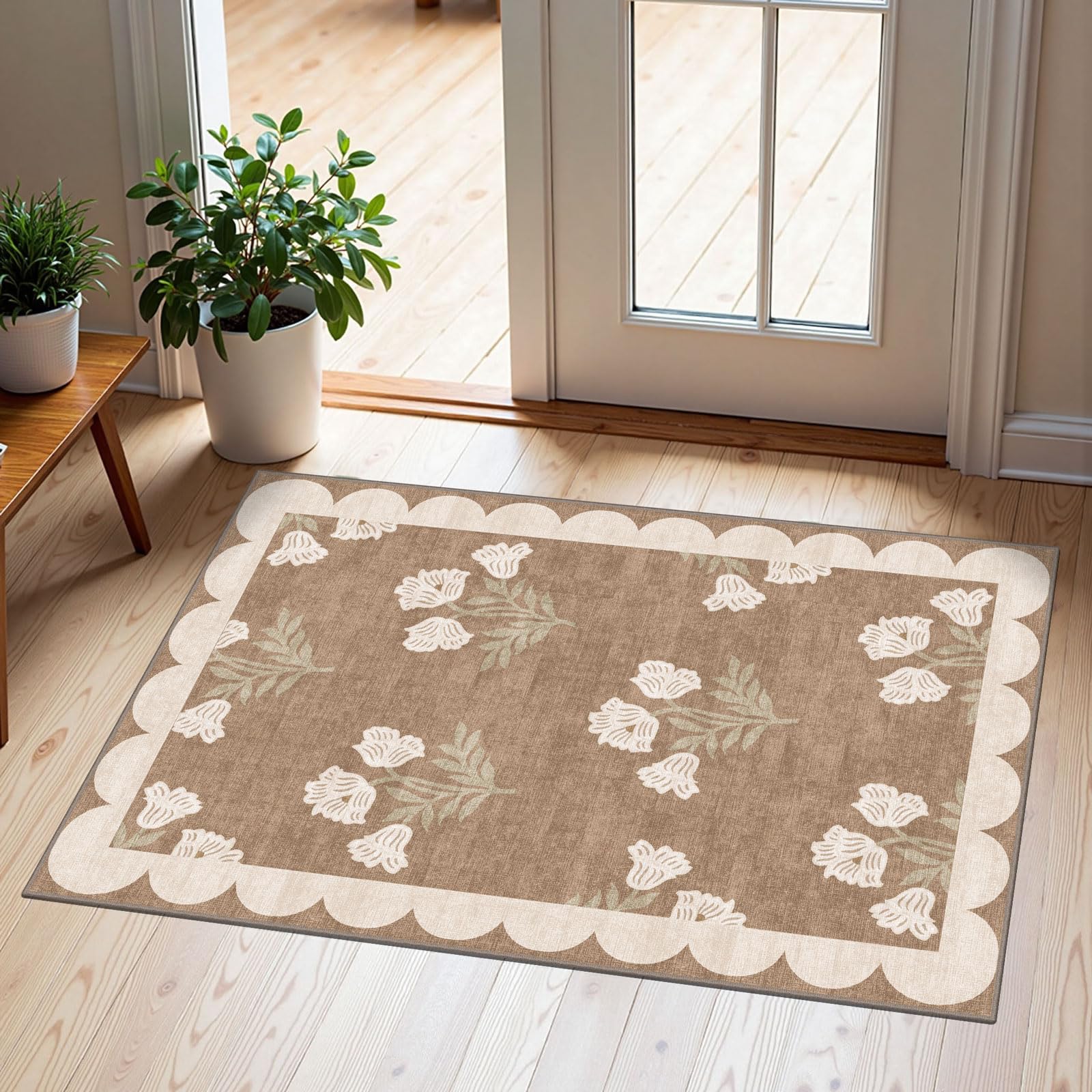 3x5 Floral Entry Rug - Small Washable Indoor Outdoor Mats for Front Door Non-Slip Porch Rug Beige Vintage Farmhouse Throw Rugs for Living Room Bedroom Entryway Kitchen Office Porch Decor