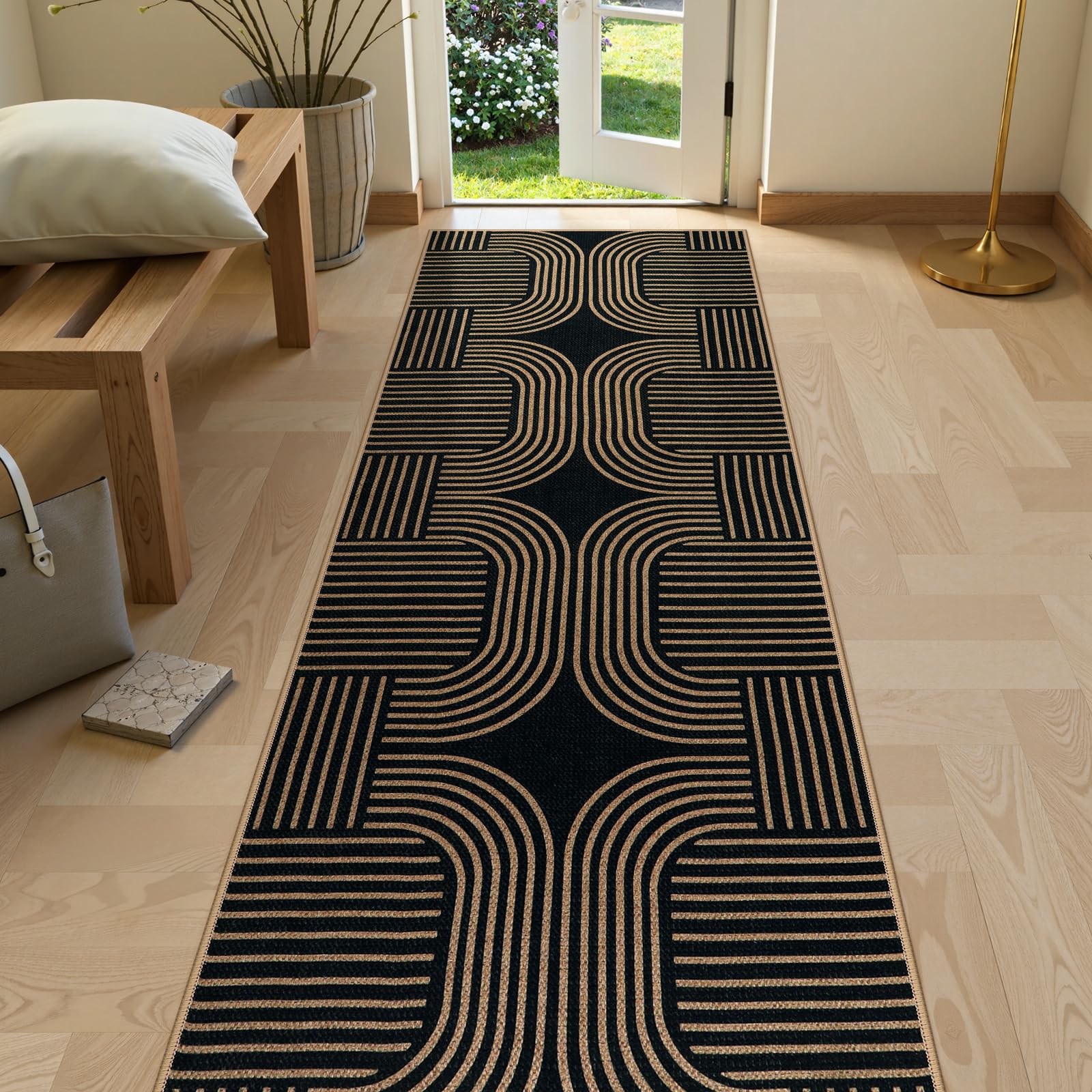 Lahome Enfys Modern Rainbow Easy Jute Outdoor Patio Rug, 3x5 Black Washable Rugs for Entryway Office Farmhouse Classroom Carpet, Contemporary Non Slip Front Door Mat for Porch Guestroom Room Decor