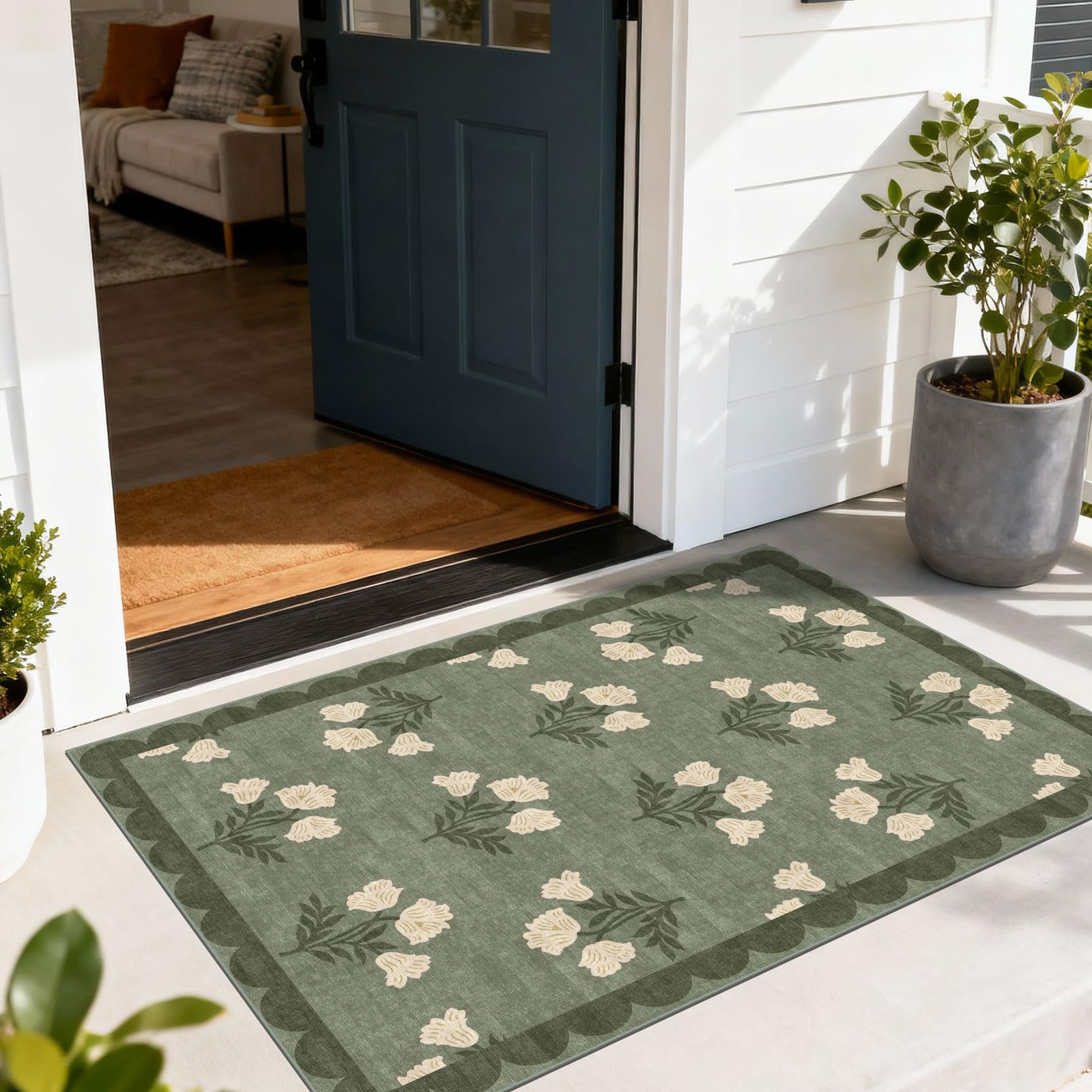 3x5 Floral Entry Rug - Small Washable Indoor Outdoor Mats for Front Door Non-Slip Porch Rug Beige Vintage Farmhouse Throw Rugs for Living Room Bedroom Entryway Kitchen Office Porch Decor