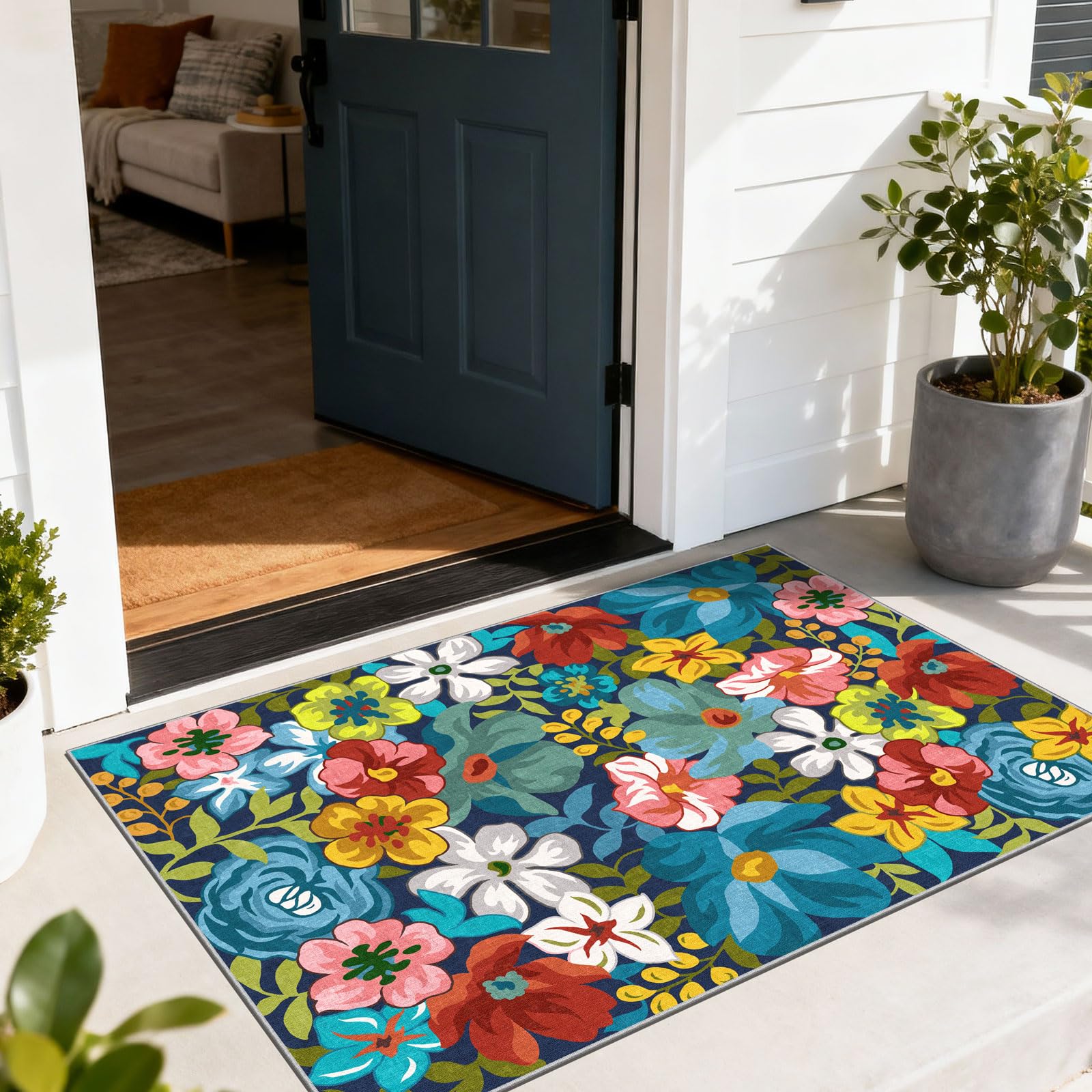 3x5 Floral Entry Rug - Small Washable Indoor Outdoor Mats for Front Door Non-Slip Porch Rug Beige Vintage Farmhouse Throw Rugs for Living Room Bedroom Entryway Kitchen Office Porch Decor