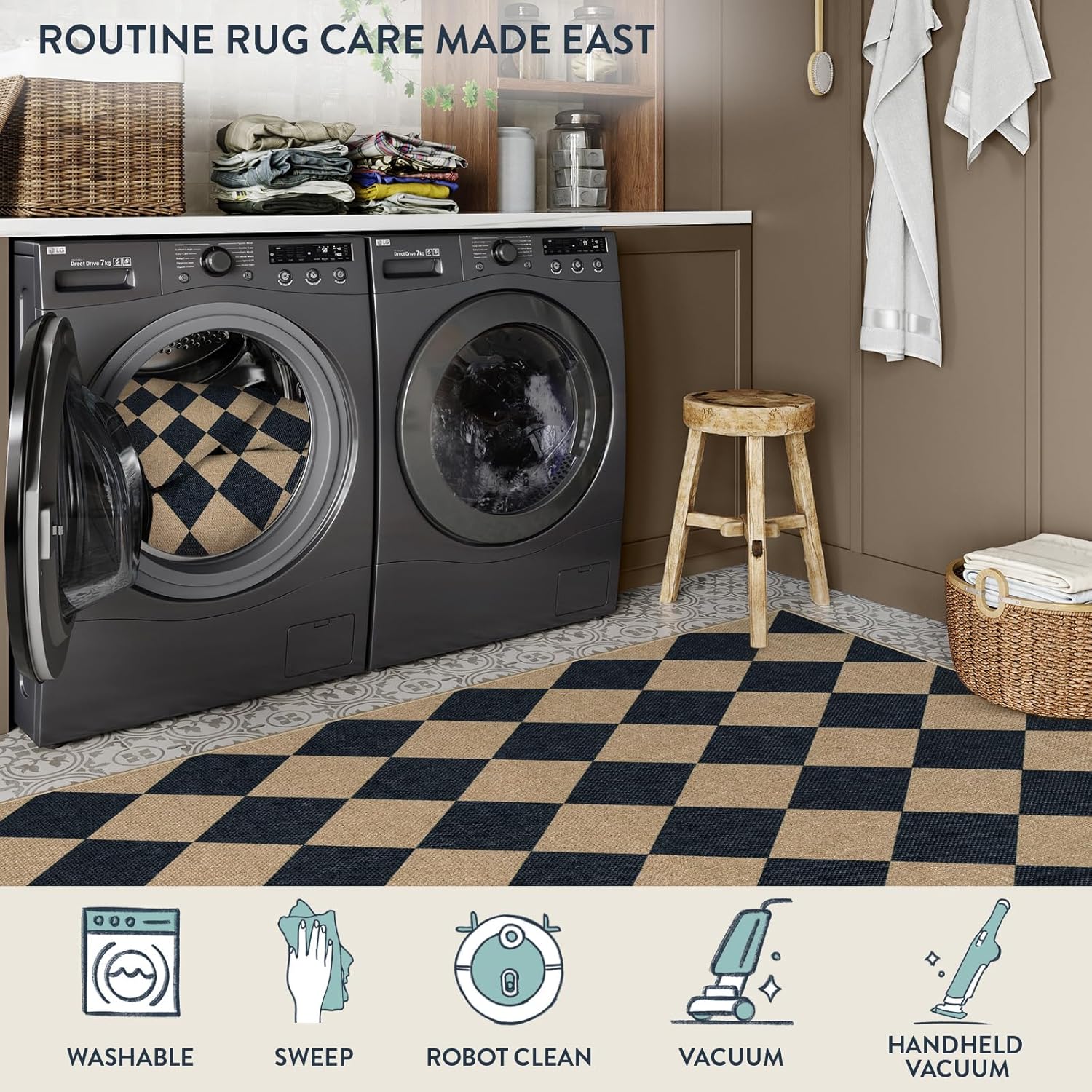 Lahome Colette Checkered Easy Jute 3x5 Outdoor Patio Rug, Washable Rugs for Entryway Diamond Indoor Outdoor Living Room Carpet, Farmhouse Neutral Non Slip Black Door Carpet for Backyard Bedroom
