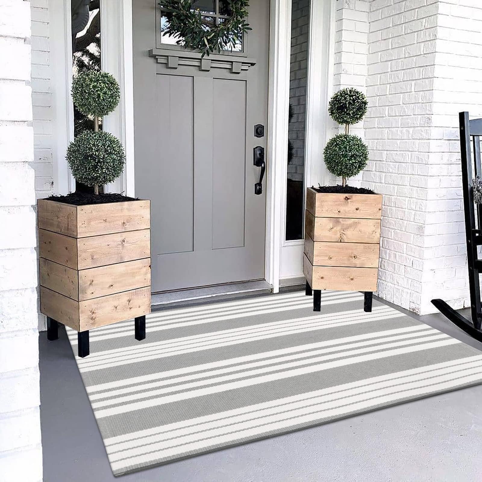OJIA Outdoor Rug 3'x5', Black and Tan Area Rug Machine Washable Rugs Cotton Hand Woven Entry Rug Indoor Outdoor Striped Carpet for Front Porch/Deck/Backyard/Camping/Outdoor Decor