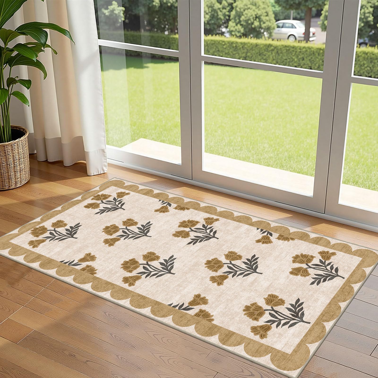 3x5 Floral Entry Rug - Small Washable Indoor Outdoor Mats for Front Door Non-Slip Porch Rug Beige Vintage Farmhouse Throw Rugs for Living Room Bedroom Entryway Kitchen Office Porch Decor