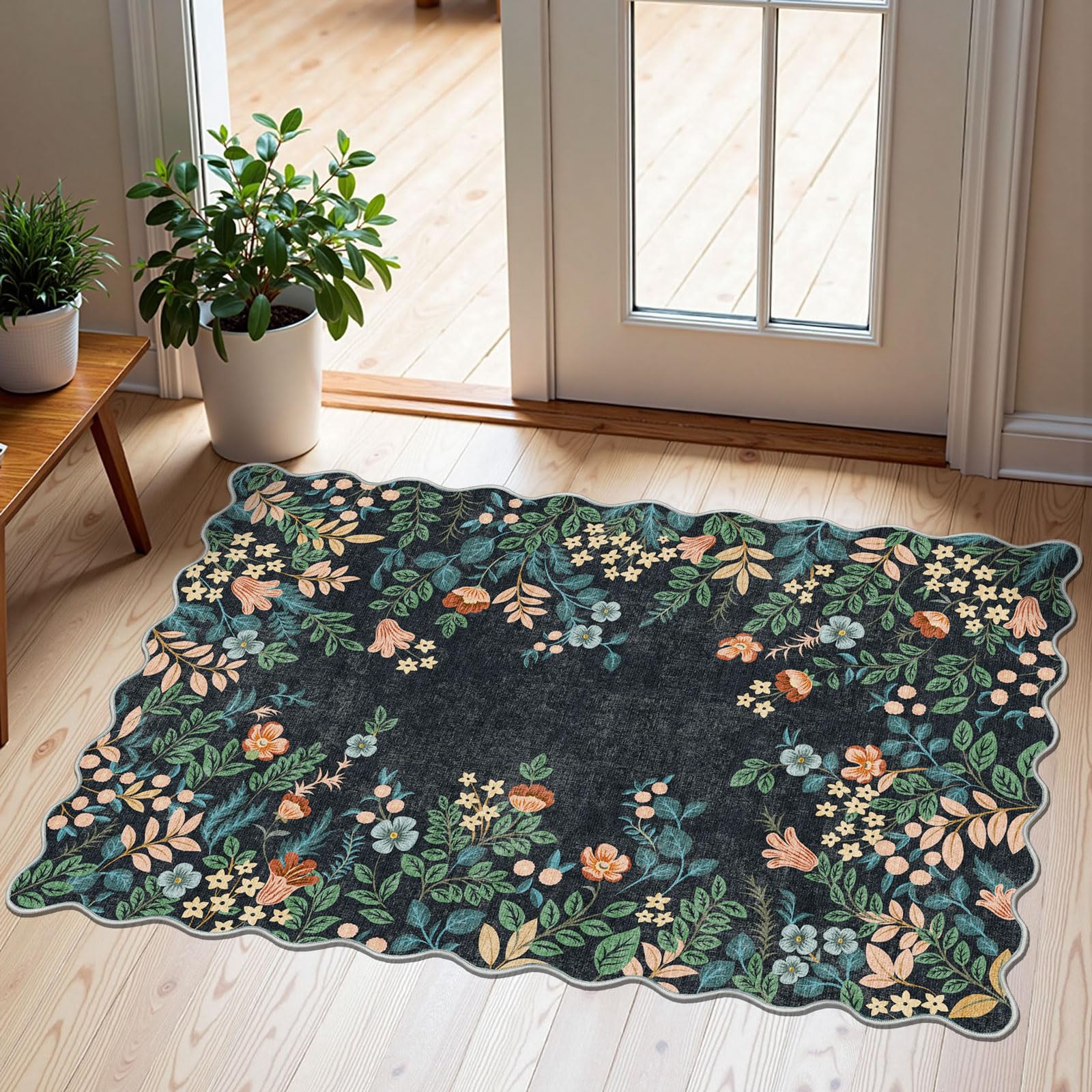 3x5 Floral Entry Rug - Small Washable Indoor Outdoor Mats for Front Door Non-Slip Porch Rug Beige Vintage Farmhouse Throw Rugs for Living Room Bedroom Entryway Kitchen Office Porch Decor