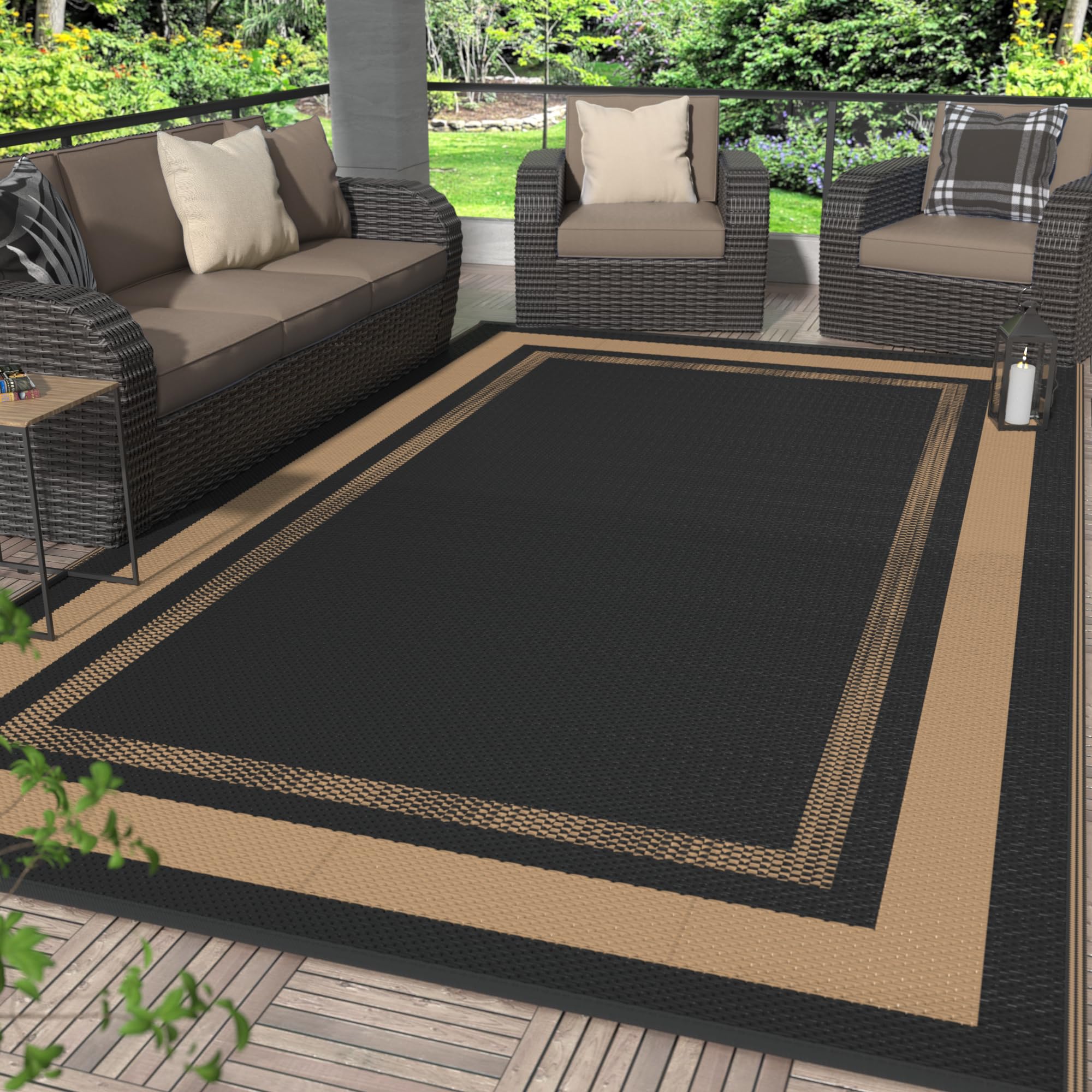 GENIMO 5' x 8' Outdoor Rug Waterproof for Patio Decor, Foldable Reversible Plastic Straw Area Rugs Mat for Camper, Outside Carpet for Rv, Deck, Porch, Picnic, Beach, Balcony, Blue & White