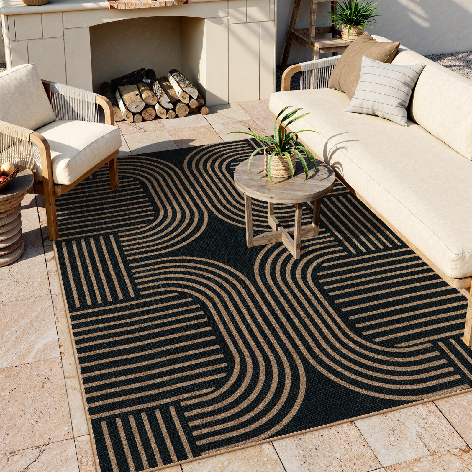 Lahome Enfys Modern Rainbow Easy Jute Outdoor Patio Rug, 3x5 Black Washable Rugs for Entryway Office Farmhouse Classroom Carpet, Contemporary Non Slip Front Door Mat for Porch Guestroom Room Decor