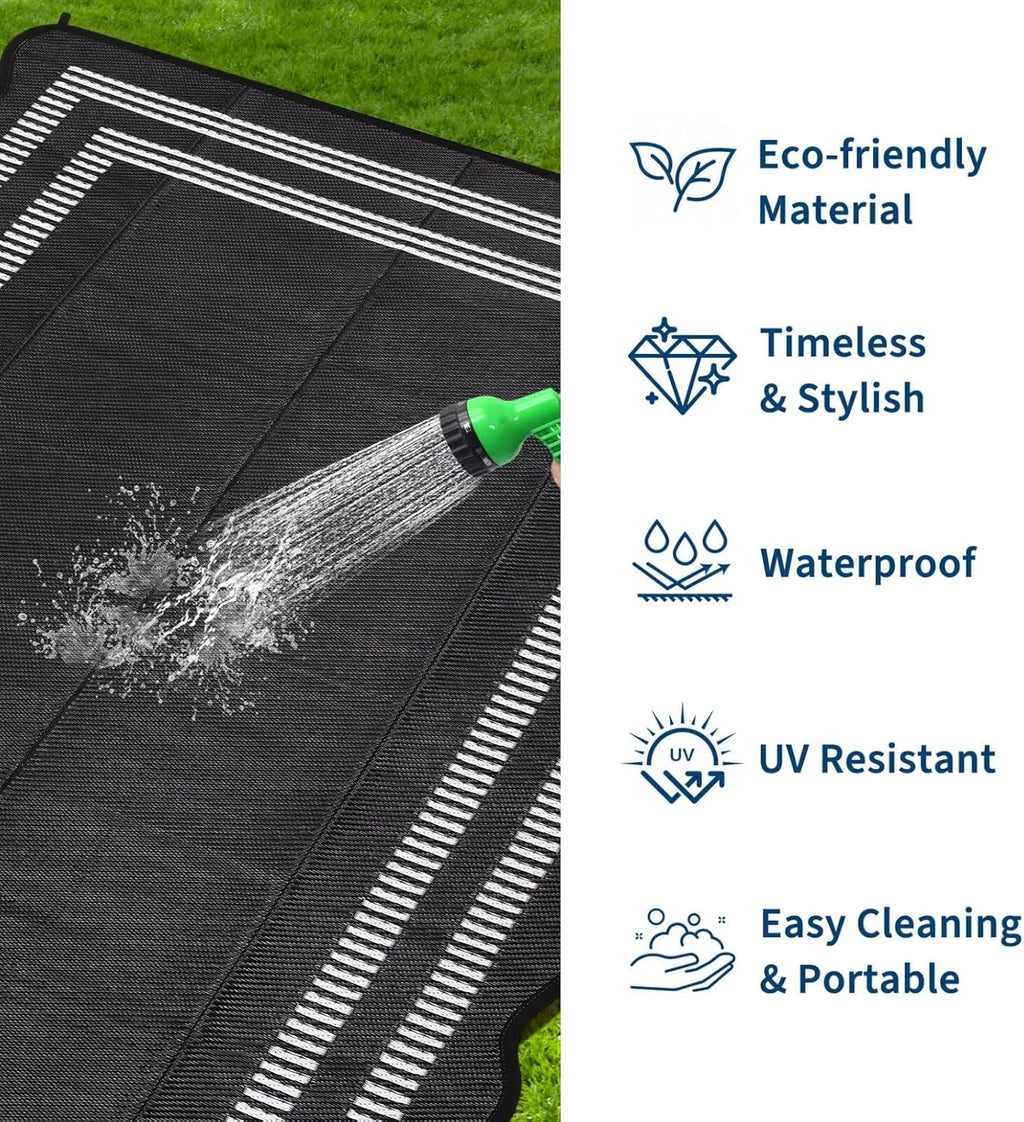 Garvee Waterproof Outdoor Rug 8x10, Scalloped Geometric Foldable Plastic Straw Patio Camping Rug, Outdoor RV Carpet for Deck Camper Porch Balcony Backyard Picnic Beach Black and White